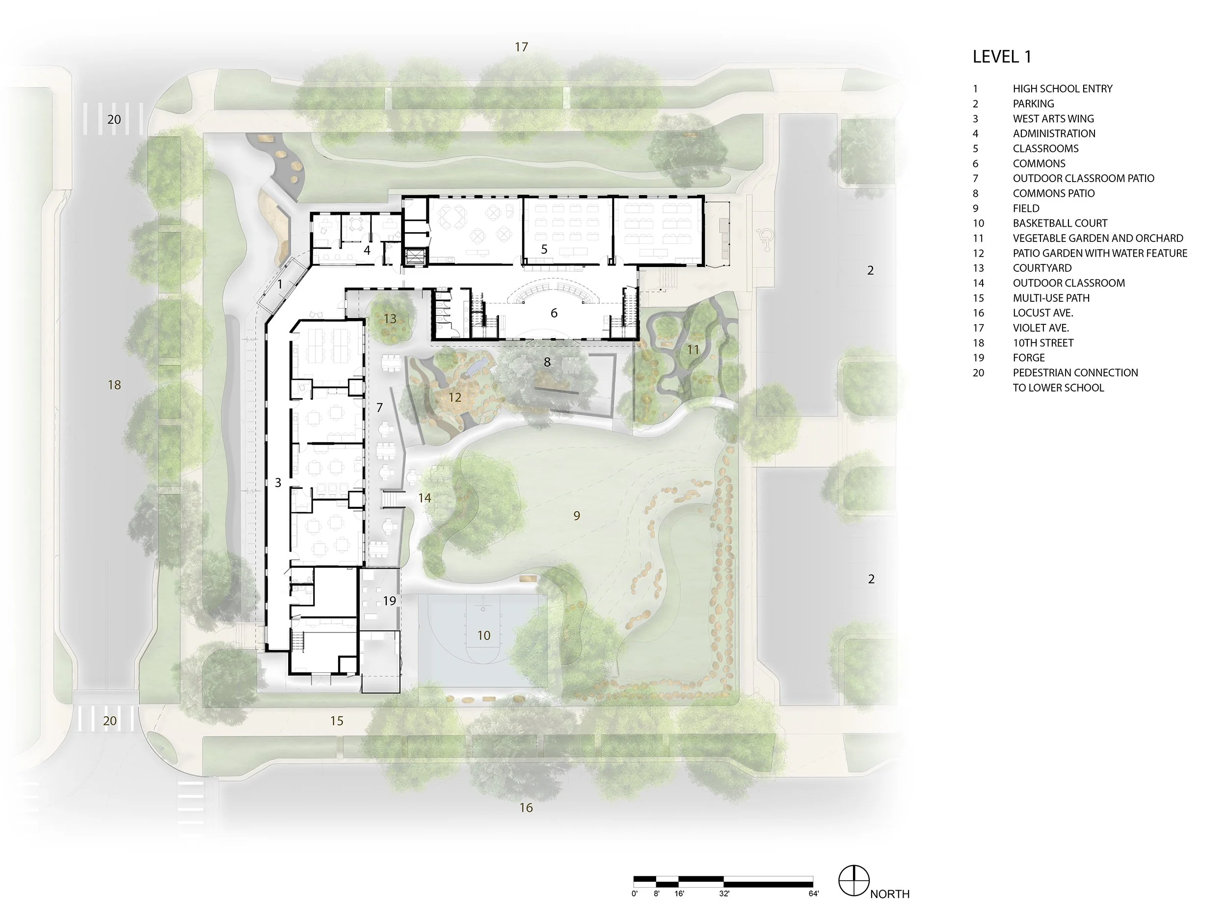 Site plan of Shining Mountain Waldorf School High School in Boulder, CO, showing building layout, outdoor areas, and surrounding landscape.