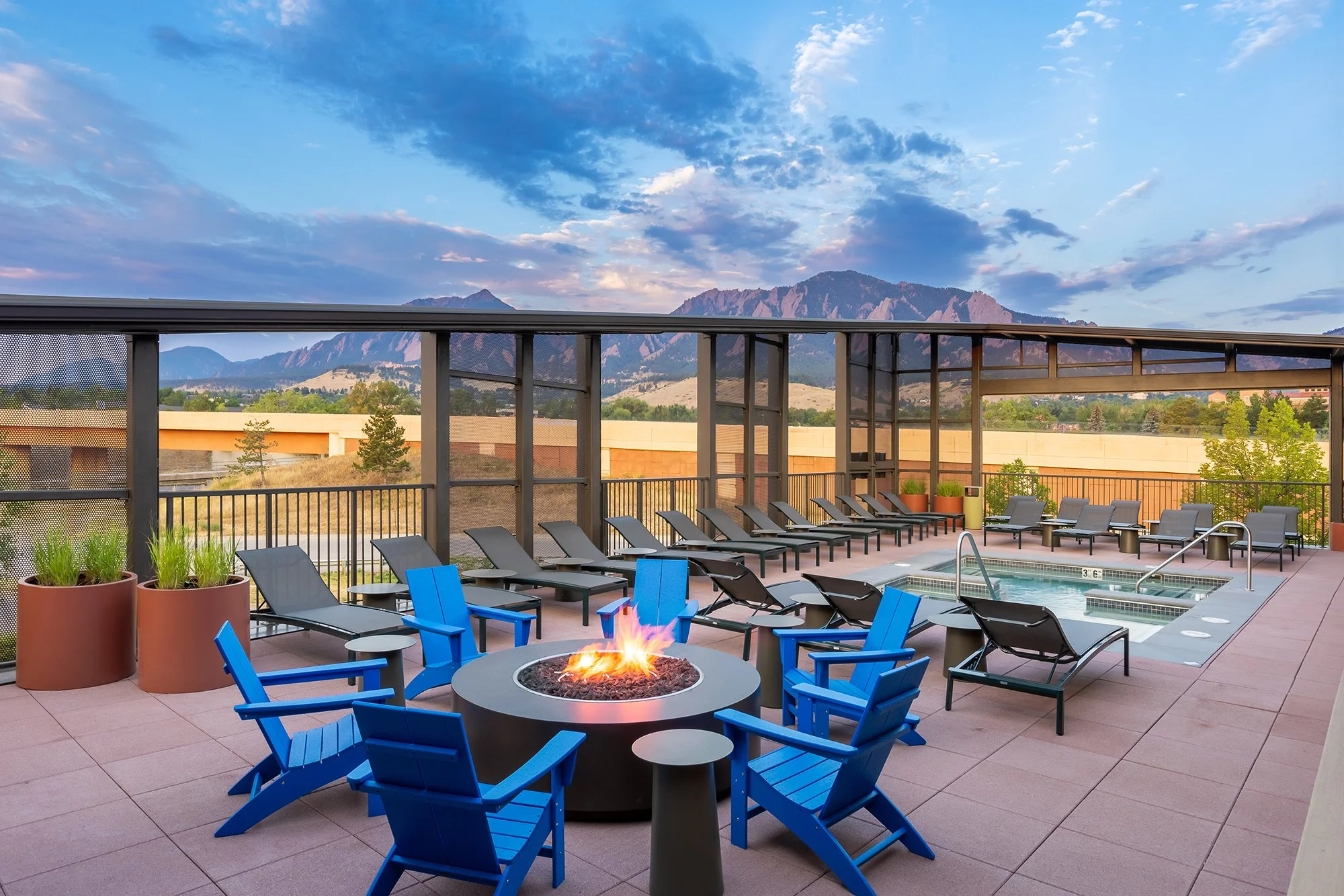 Pool Deck at the HUB 28th Street with views of the Flatirons 