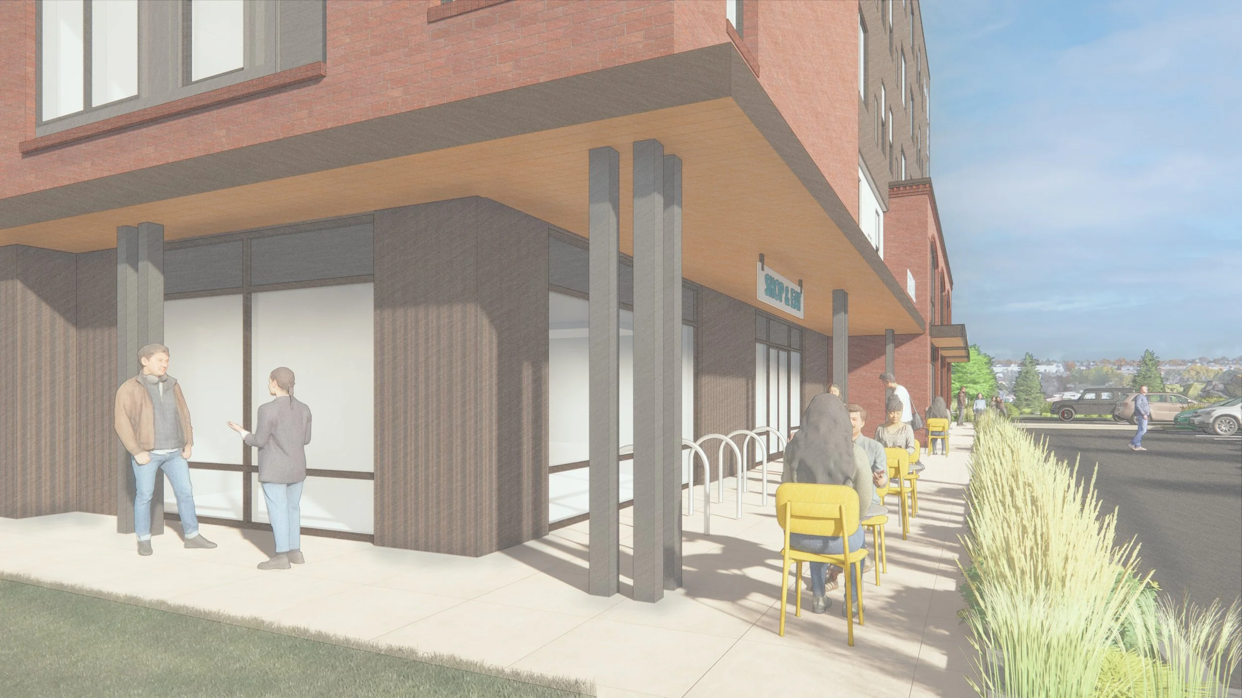 Rendering of The Welby mixed-use development with outdoor dining and retail frontage in the Welby neighborhood near Denver.