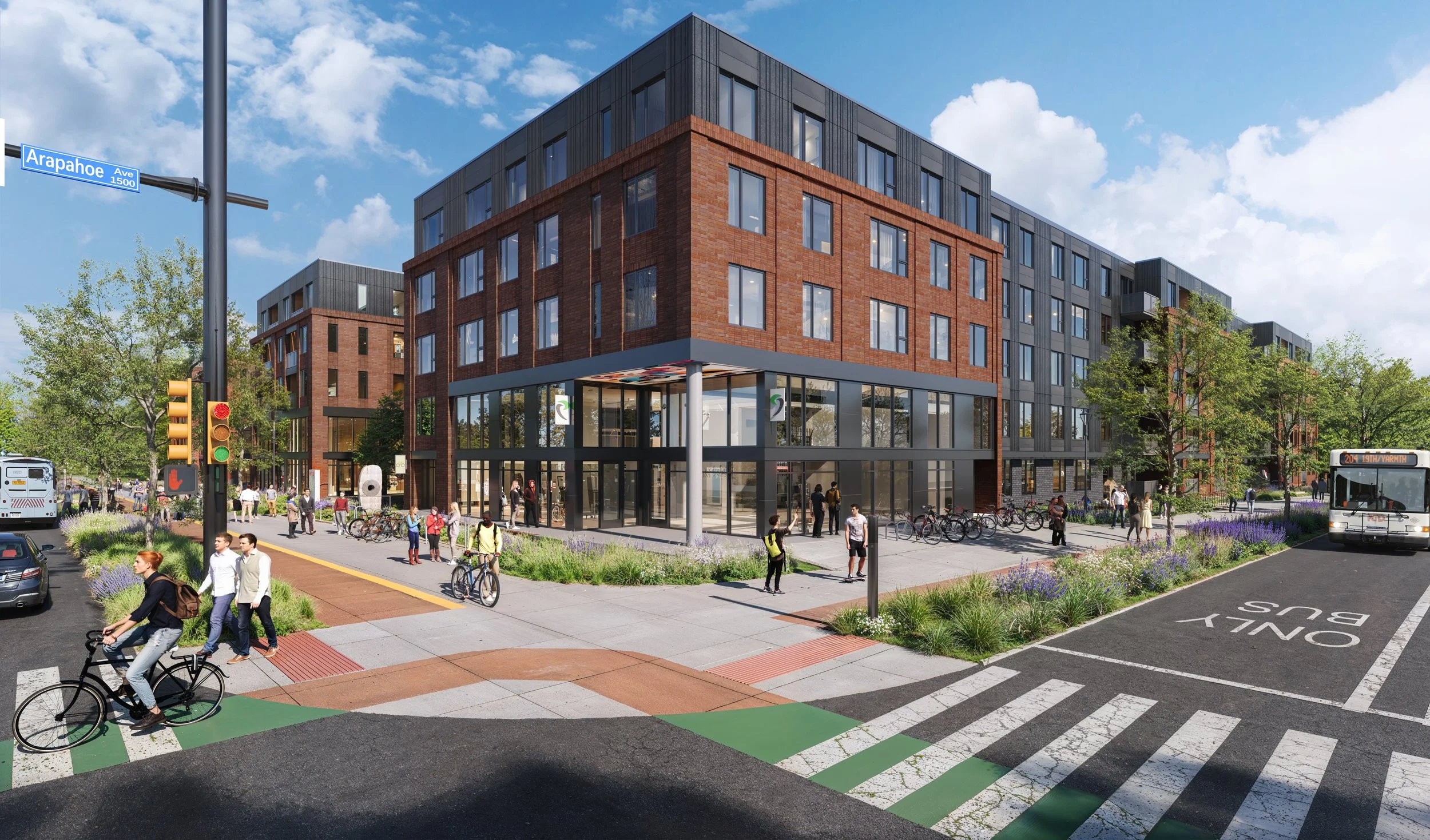 Rendering of The Flatiron in Boulder, CO showing a five-story mixed-use building with residential units, retail spaces, and landscaped sidewalks at street level.
-Designed by Sopher Sparn Architects
