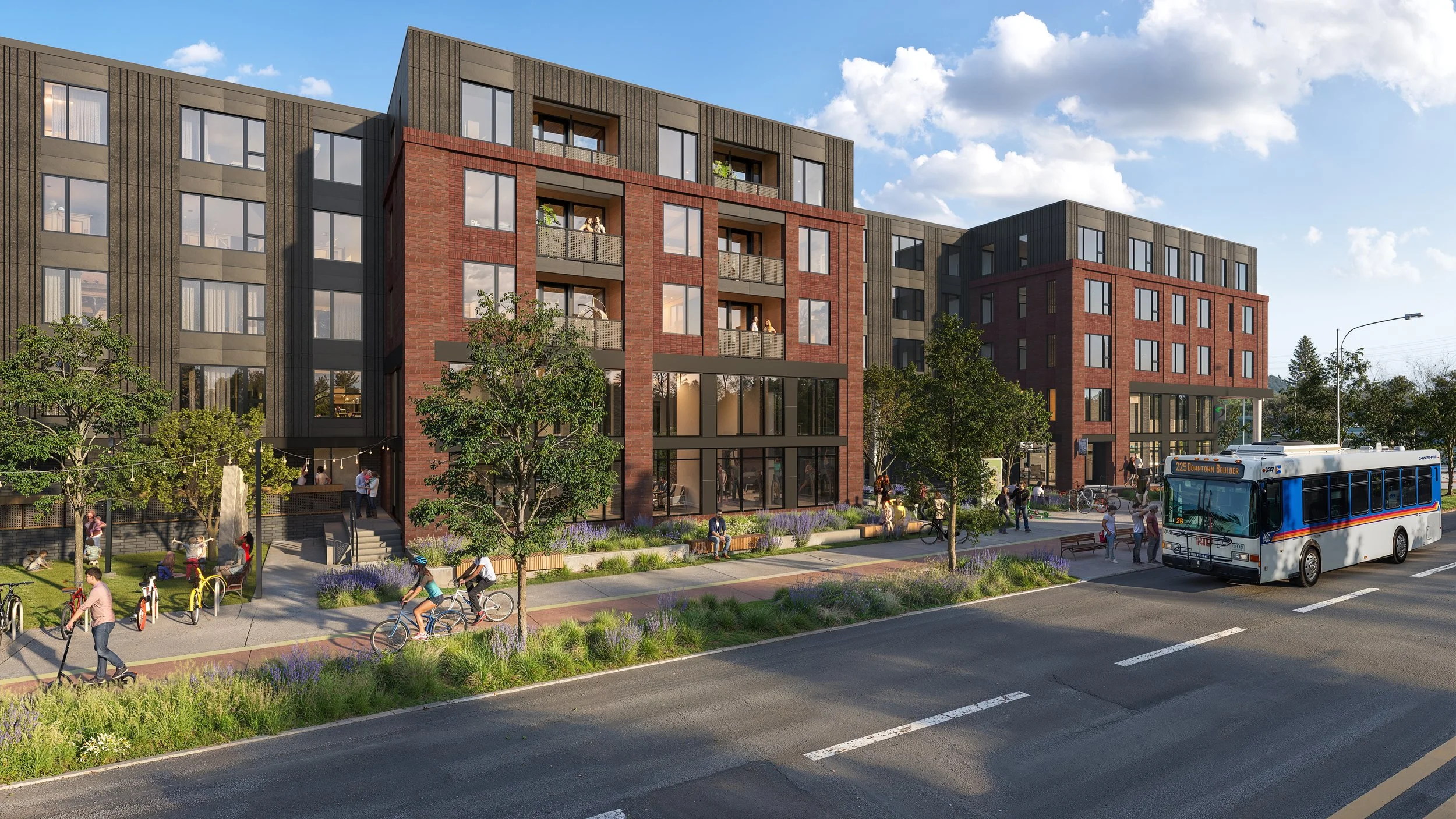 Street-level rendering of The Flatiron in Boulder, CO featuring modern brick facade, retail storefronts, and community-focused design with outdoor seating and trees