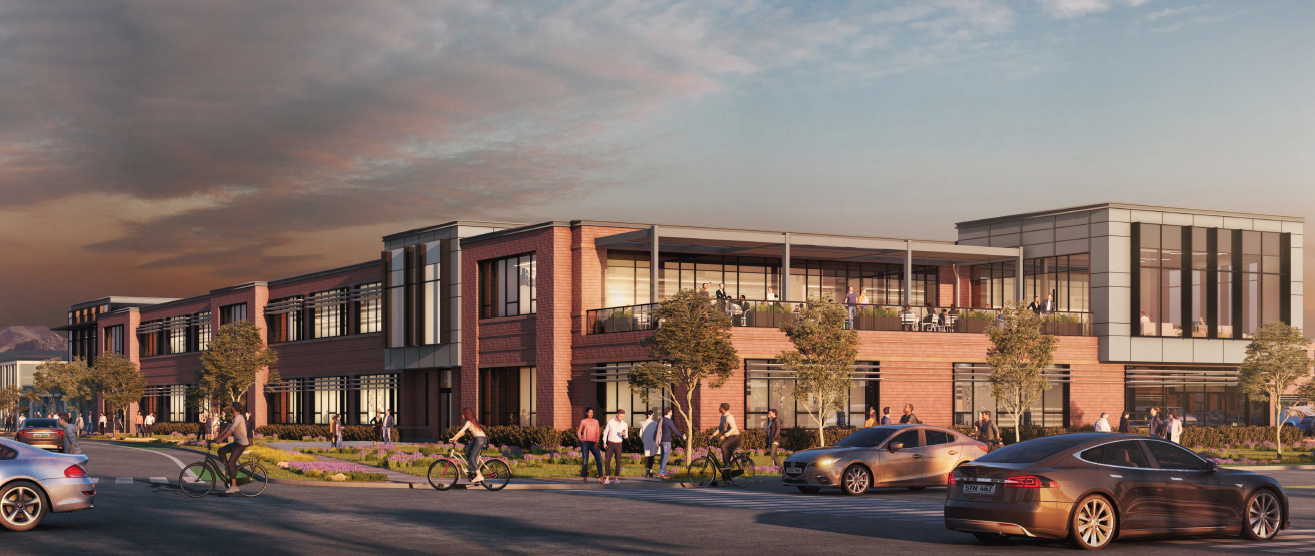 Exterior street-level rendering of a multi-family residential building with landscaping, parking, and active streetscape in Boulder.