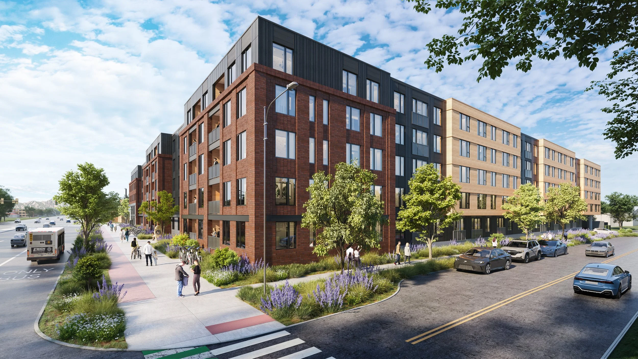 Rendering of The Flatiron mixed-use project in Boulder, CO with five-story residential units, and integration with the surrounding urban fabric.