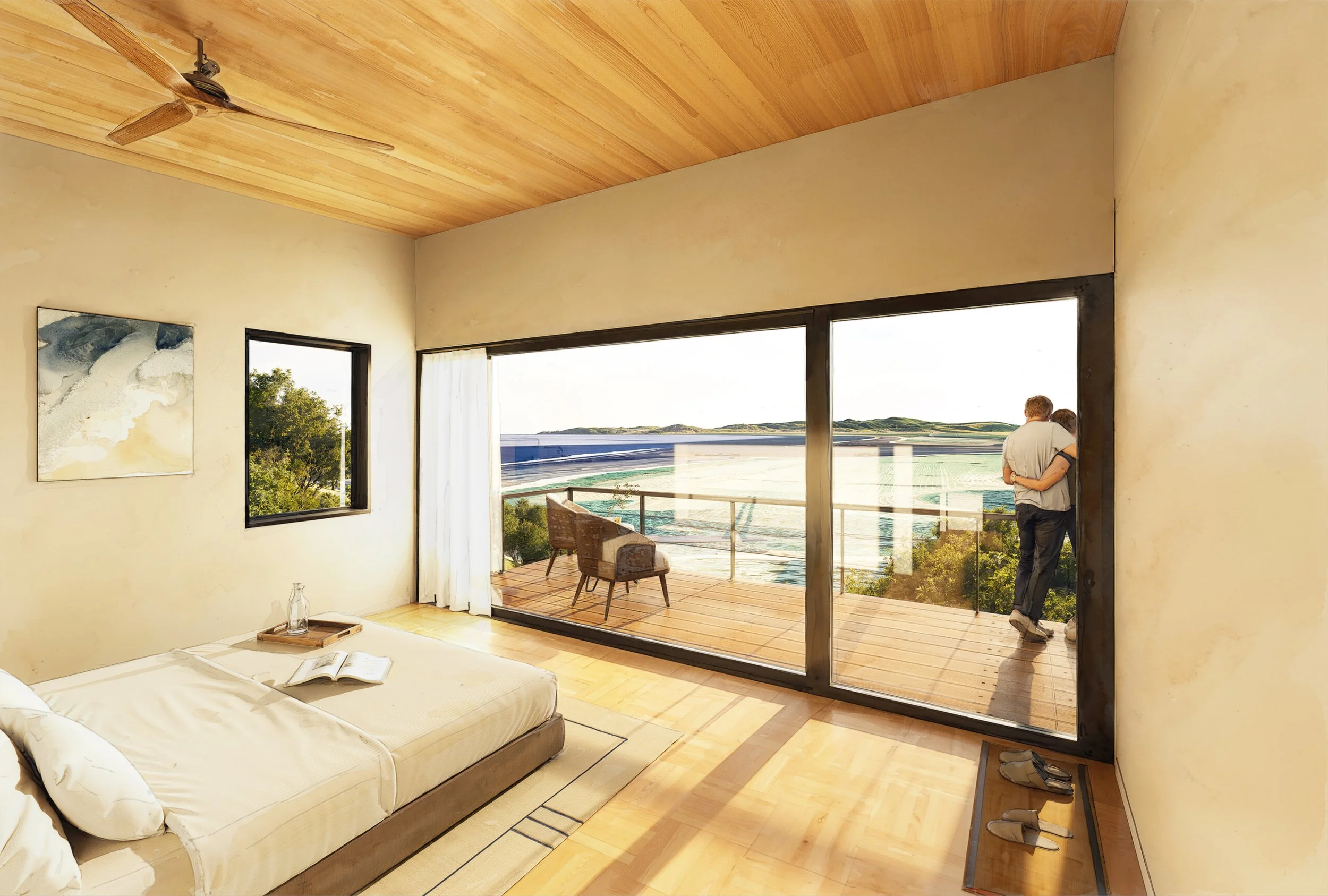 Interior bedroom of Solara with panoramic views through large windows, emphasizing light-filled modern design.