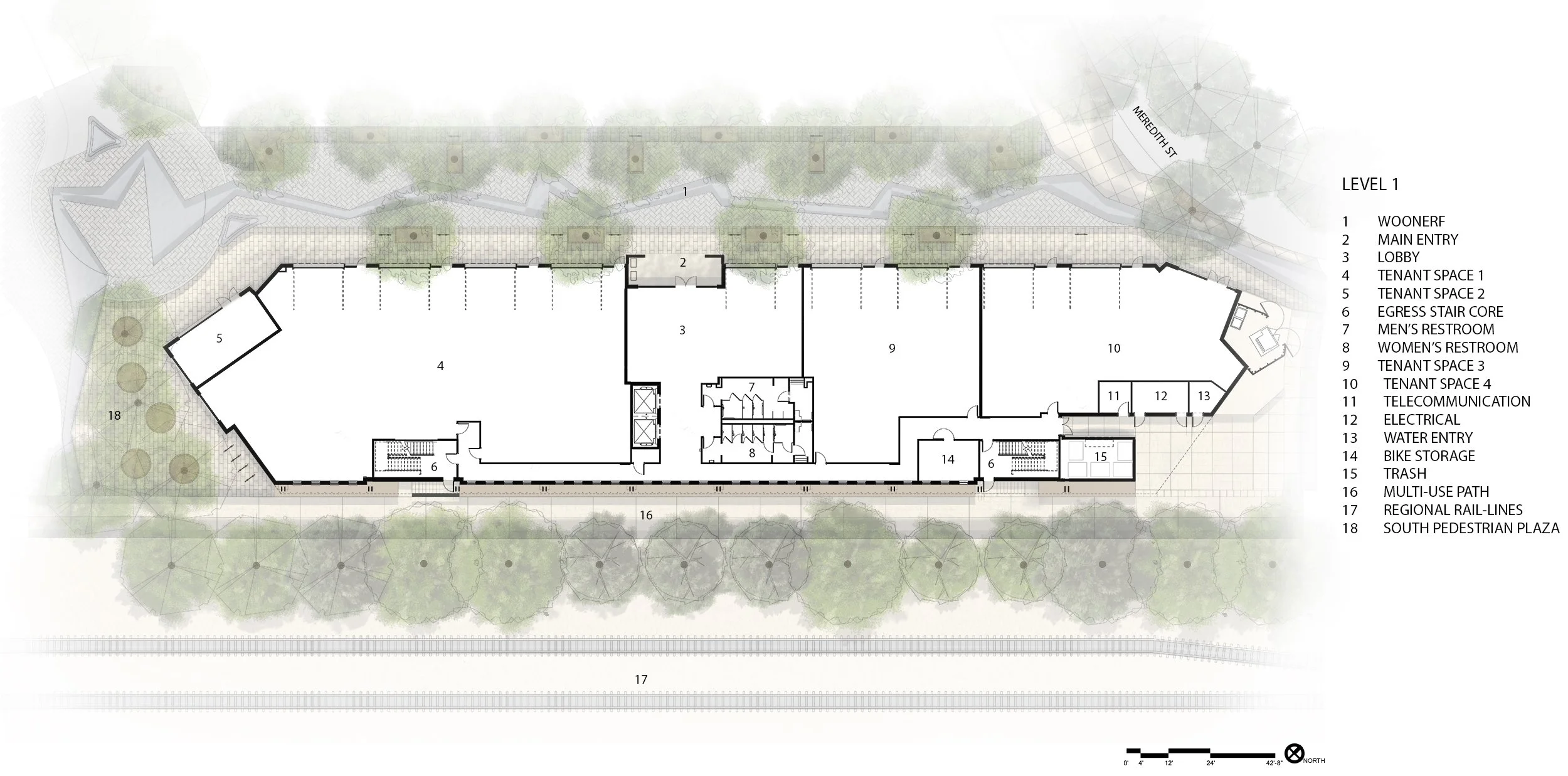 Architectural plan view of S’PARK Railyards in Boulder, CO showing layout of retail, office, and restaurant spaces.
