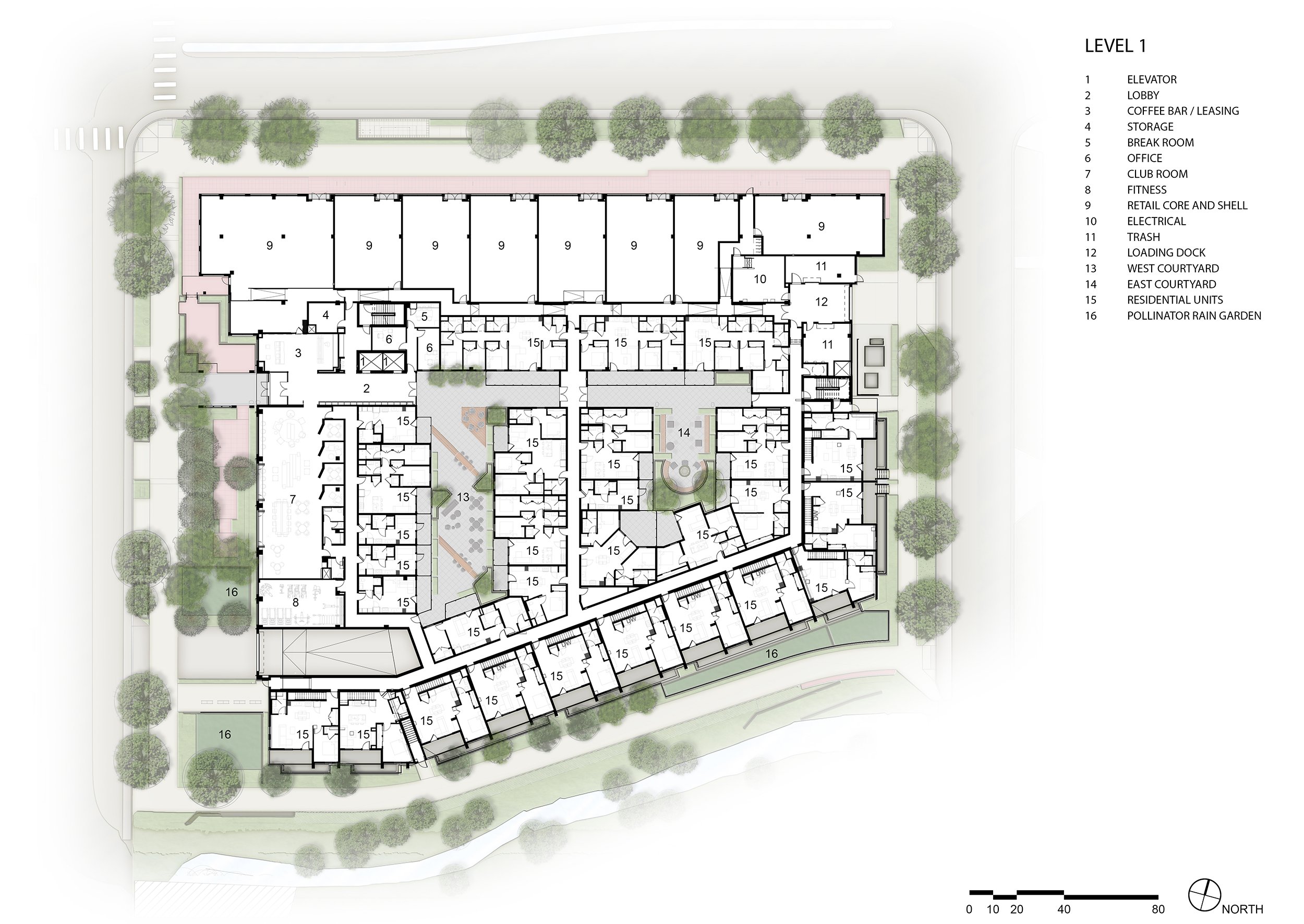 Architectural site plan for oLiv Boulder mixed-use housing illustrating residential units, retail areas, courtyards, fitness space, and landscaped outdoor areas.