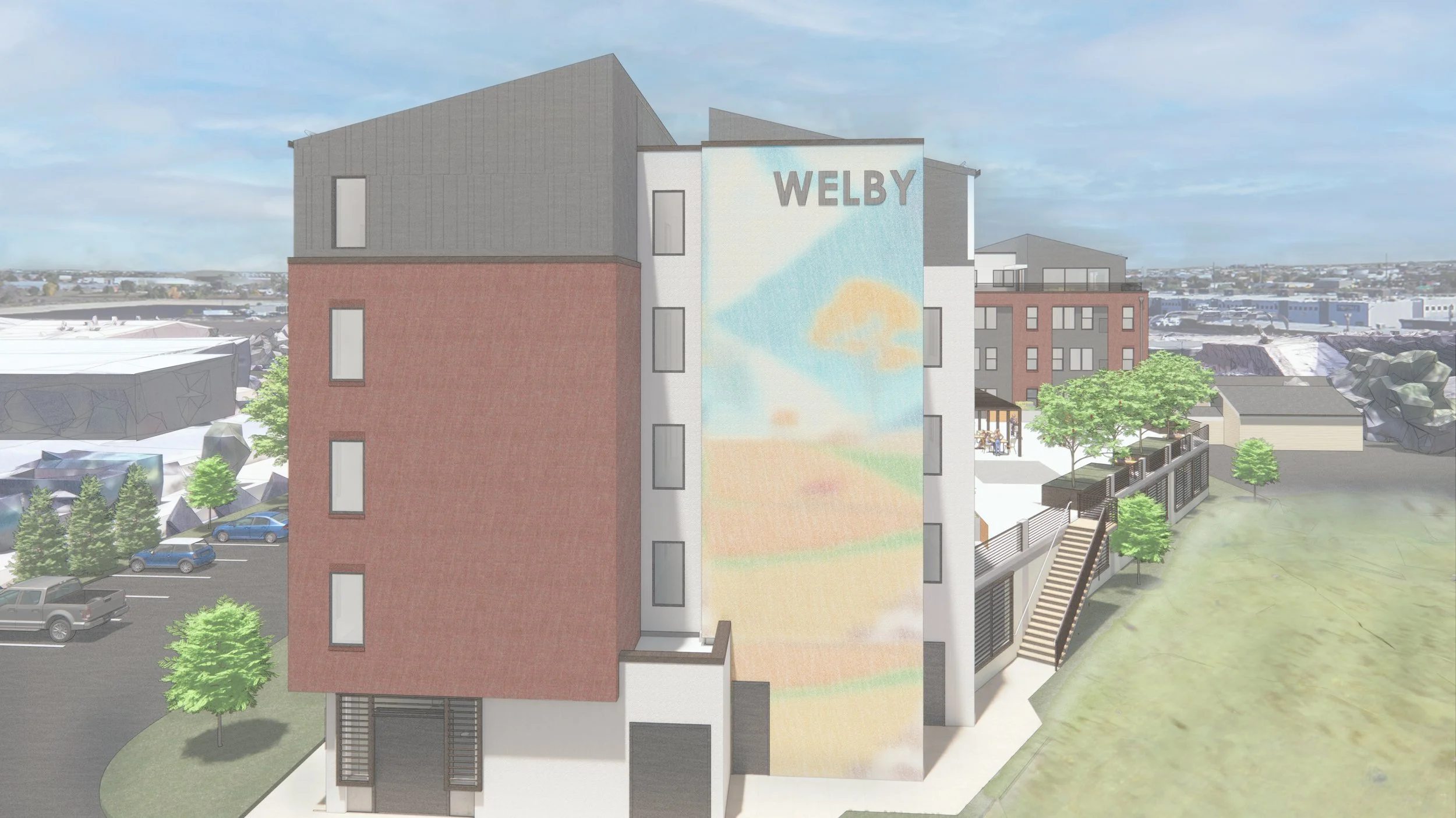 Rendering of The Welby mixed-use affordable housing building with mural facade along the Washington Street corridor near Denver, Colorado.