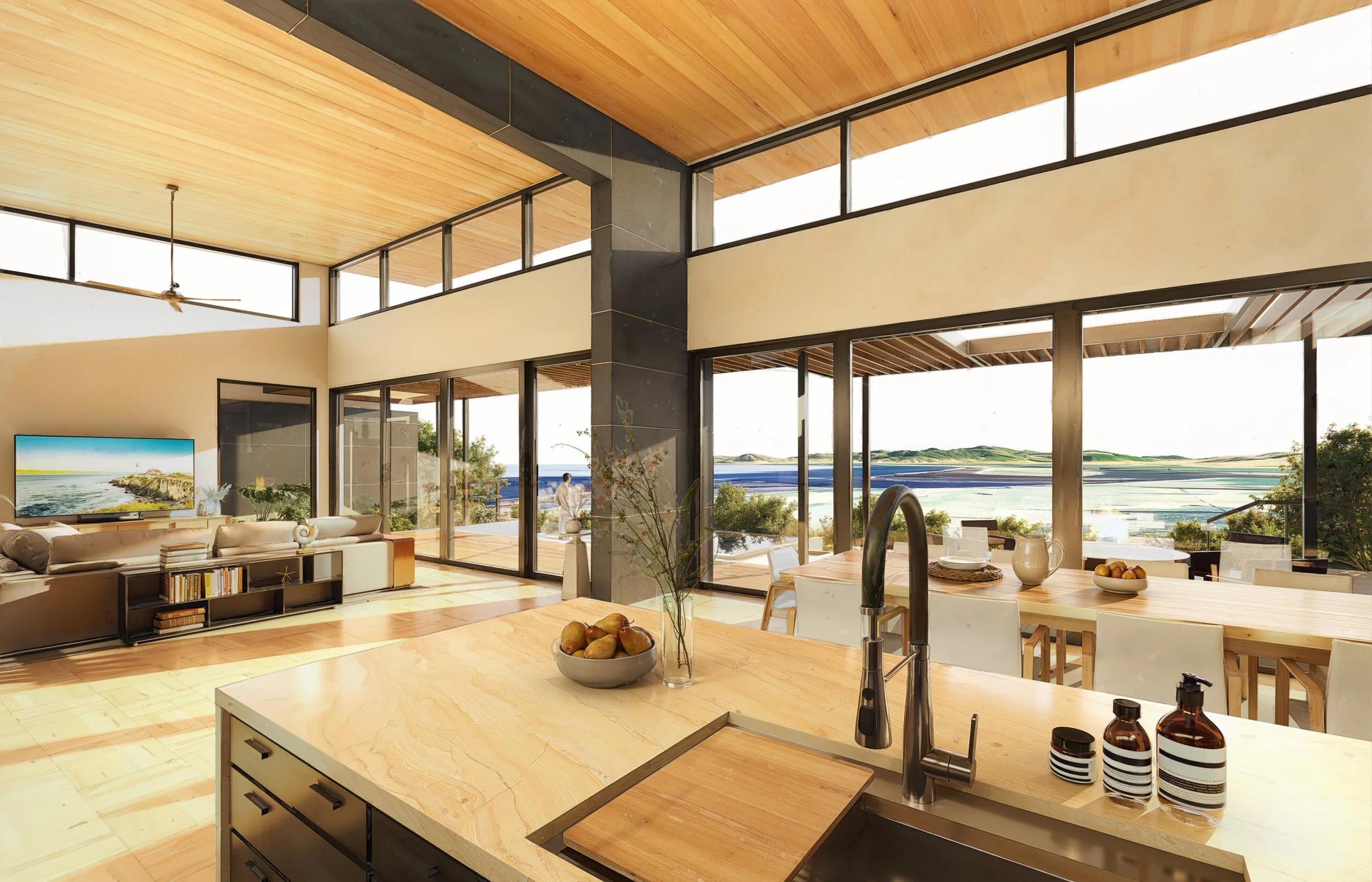 Interior living space of Solara residence featuring open floor plan, high ceilings, and floor-to-ceiling windows.