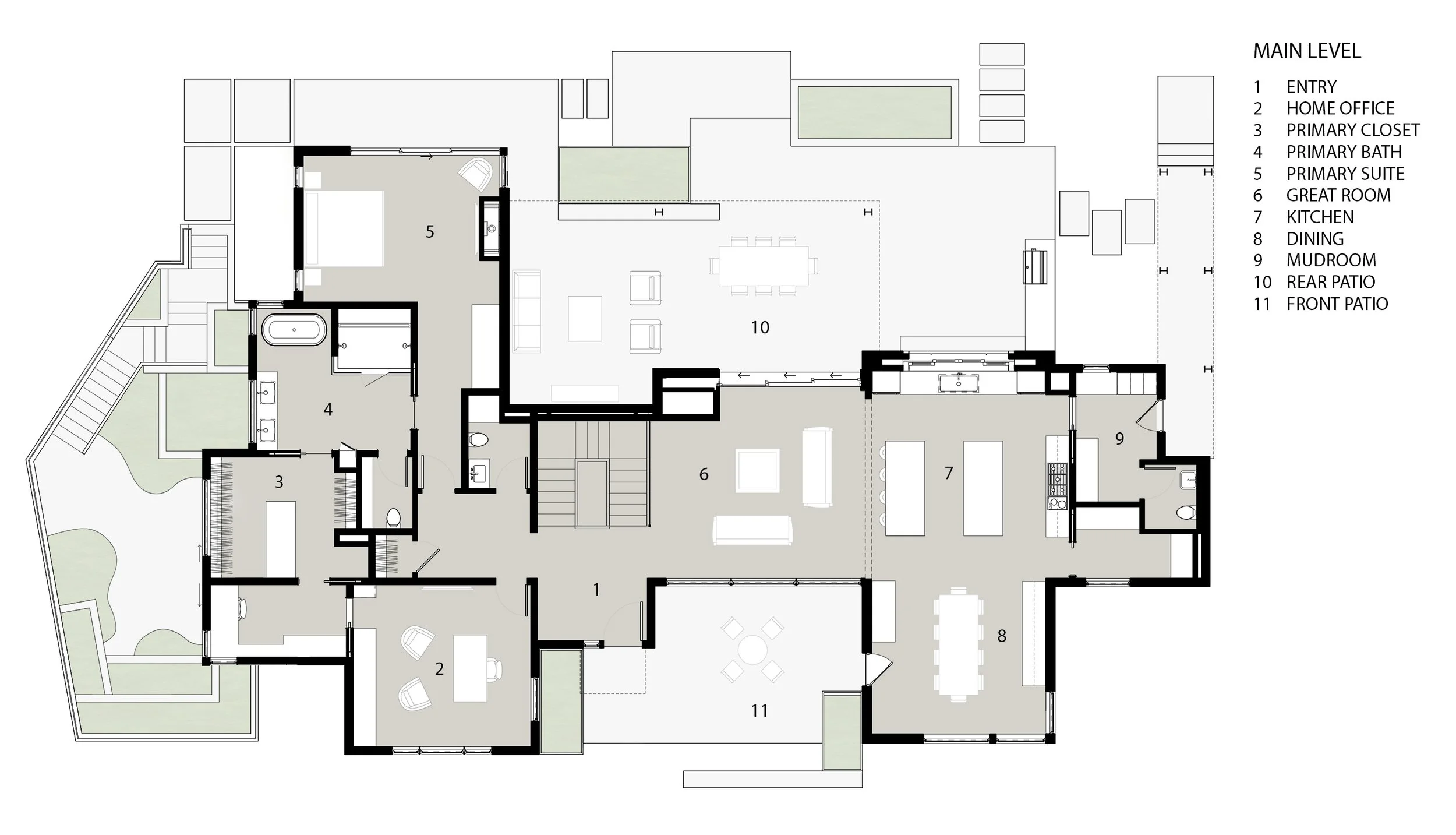 Main level floor plan of Gem House modern custom home in Boulder County, Colorado featuring contemporary architecture and landscaped setting.