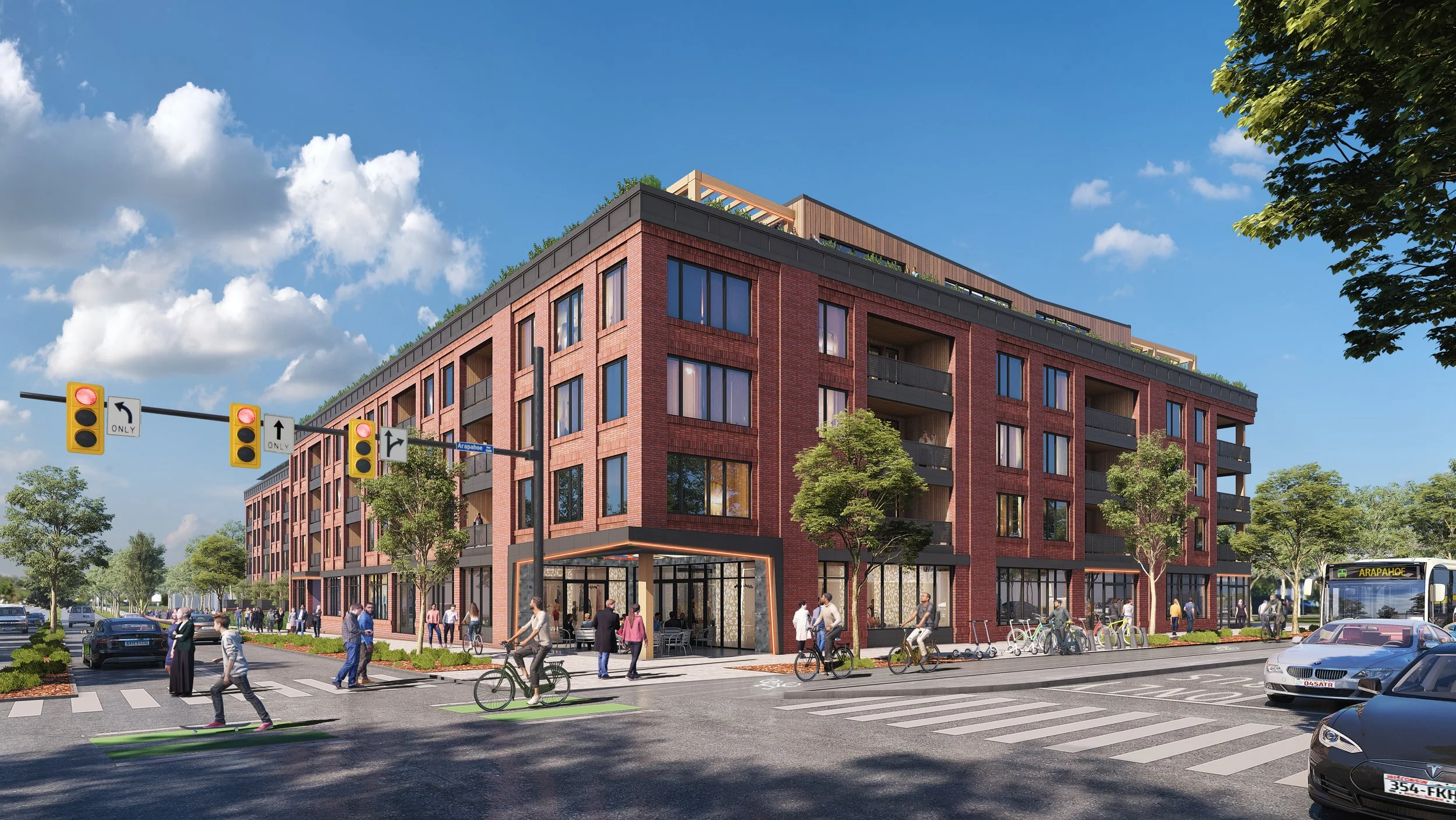 3D architectural rendering of a mixed-use residential building in Boulder, Colorado, with brick façade, street-level retail, and balconies, showcasing Sopher Sparn Architects’ conceptual visualization for urban development.