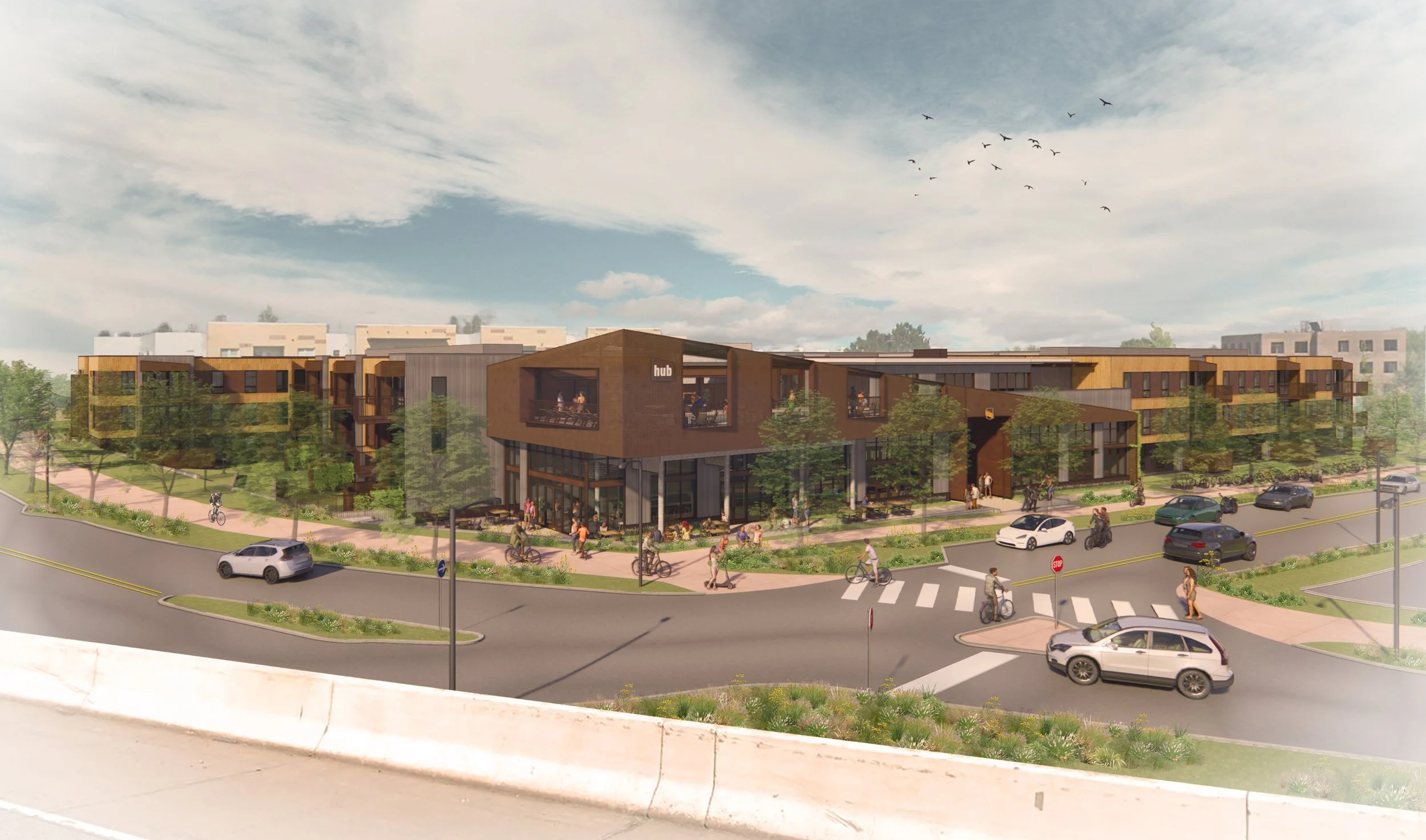 Rendering of HUB Student Housing in Boulder, Colorado, designed by Sopher Sparn Architects, showing a modern, mixed-use student housing complex with landscaped areas, street view, and active pedestrian spaces.