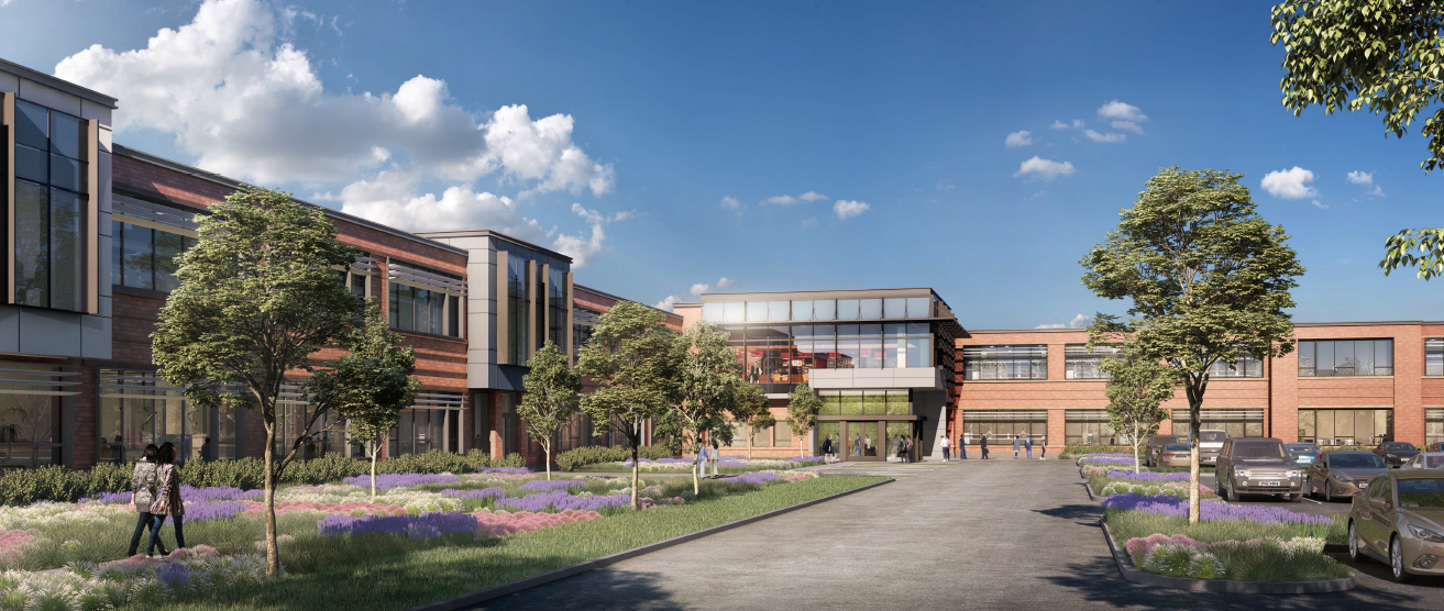 Perspective rendering of a multi-building development showing the entrance and main pedestrian access from the street.