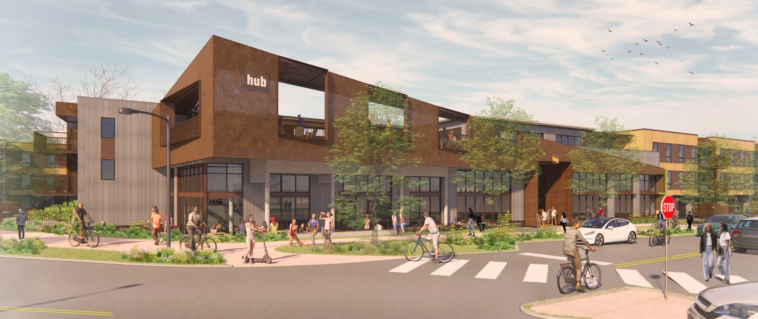 Rendering of HUB 28th St student housing community in Boulder featuring outdoor gathering spaces for students. Designed by Sopher Sparn Architects 
