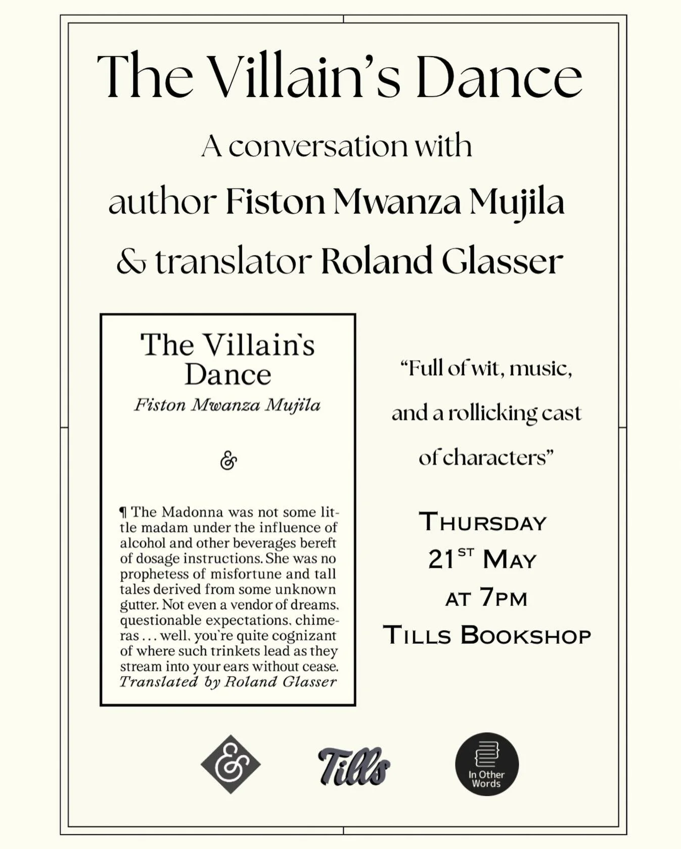 We are so excited to announce that on May 21st we will be hosting an event for The Villain&rsquo;s Dance, joined by both author Fiston Mwanza Mujila and translator Roland Glasser at @tillsbookshop. 

The Villain&rsquo;s Dance is an electrifying whirl