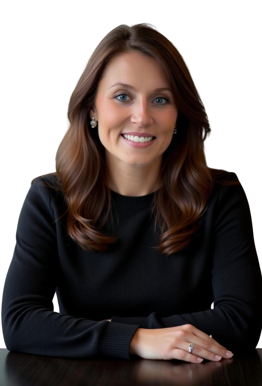 A smiling woman with blonde hair, blue eyes, and light skin, wearing a red sweater and a necklace with a large smiley face pendant, taking a selfie inside a vehicle.