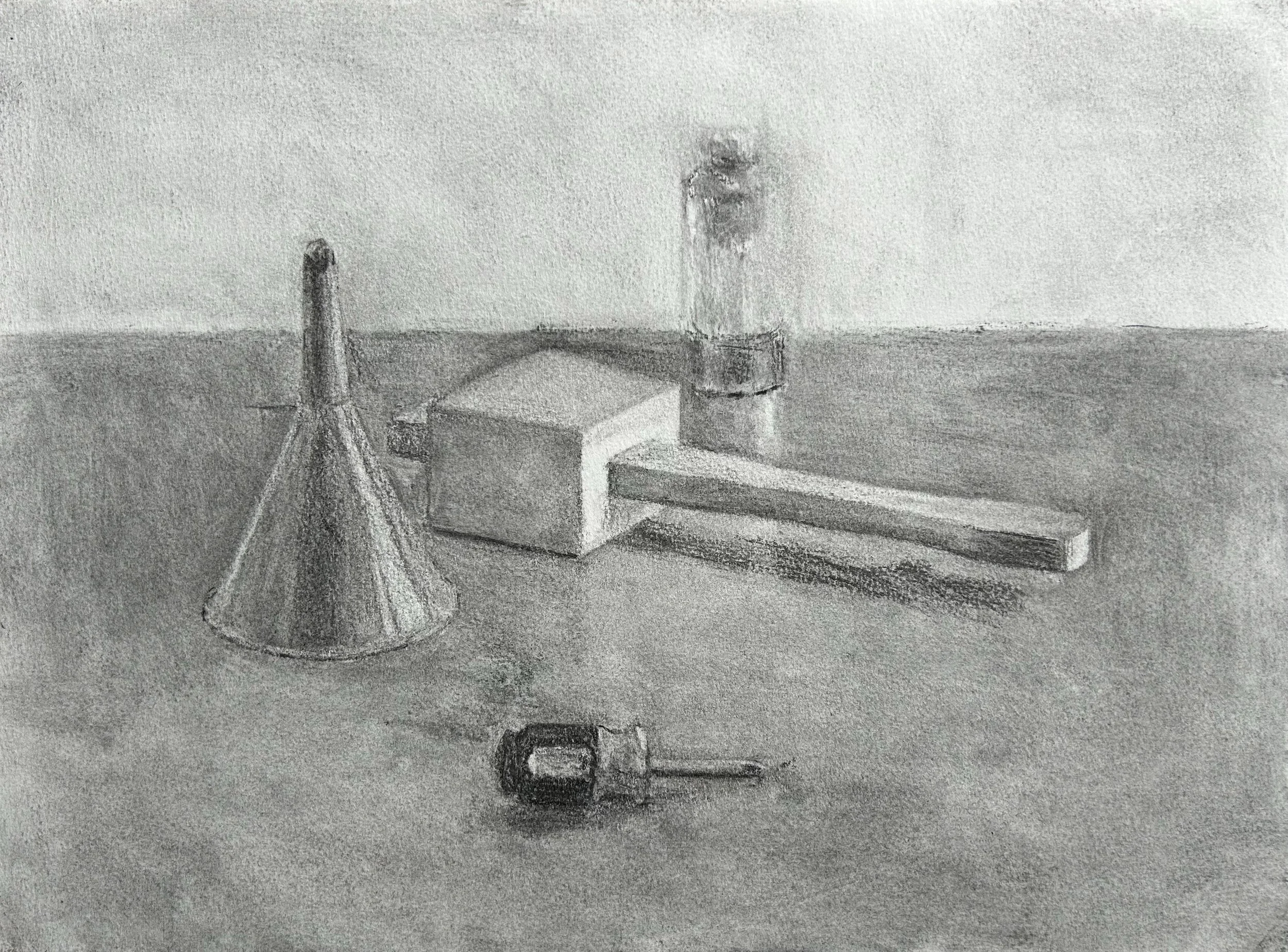 Funnel and mallet, charcoal on paper, 2024.