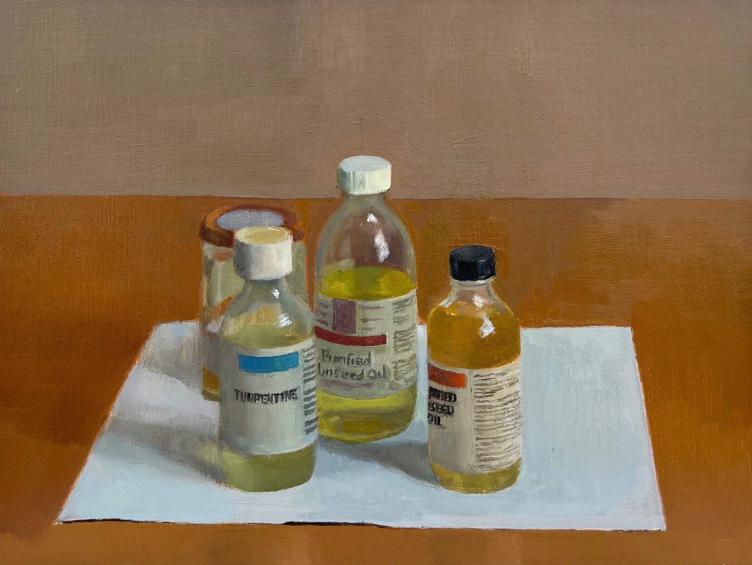 Turps and oils,  oil on linen mounted on board, 24 x 18 cm, 2023.