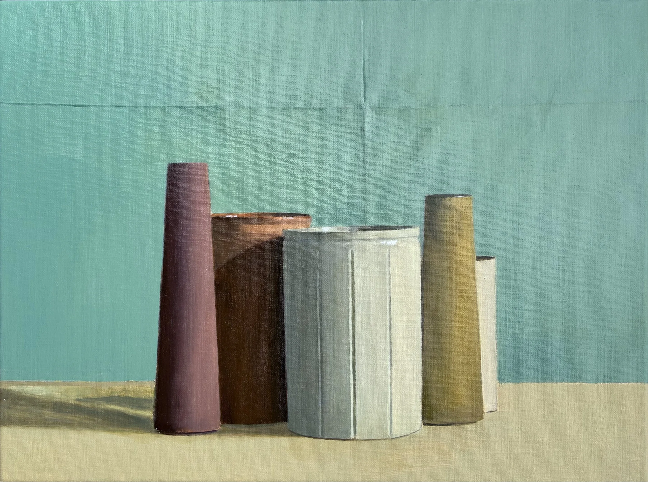 Group with stoneware jar, oil on linen, 30 x 40 cm, 2024, sold.