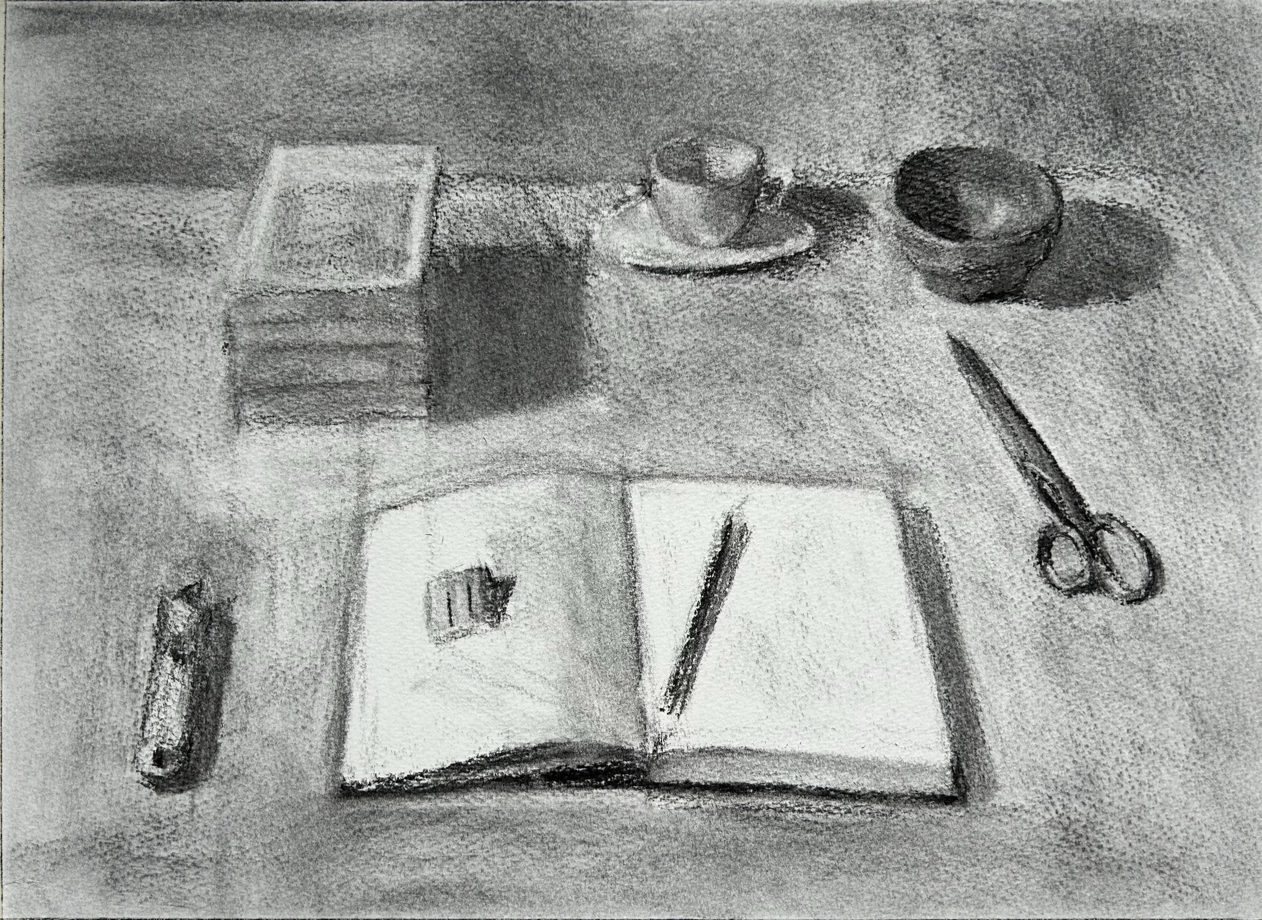 Notebook, charcoal on paper, 2024.