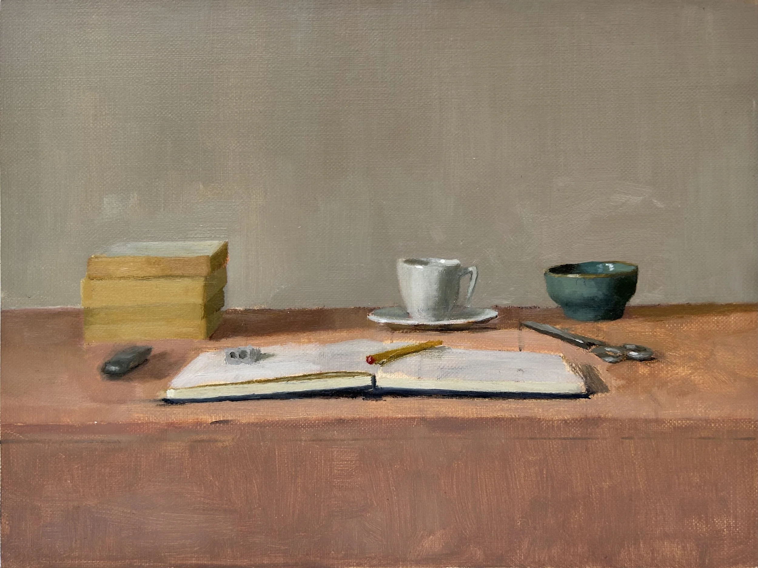 Notebook I, oil on linen mounted on board, 18 x 24 cm, 2024, sold.