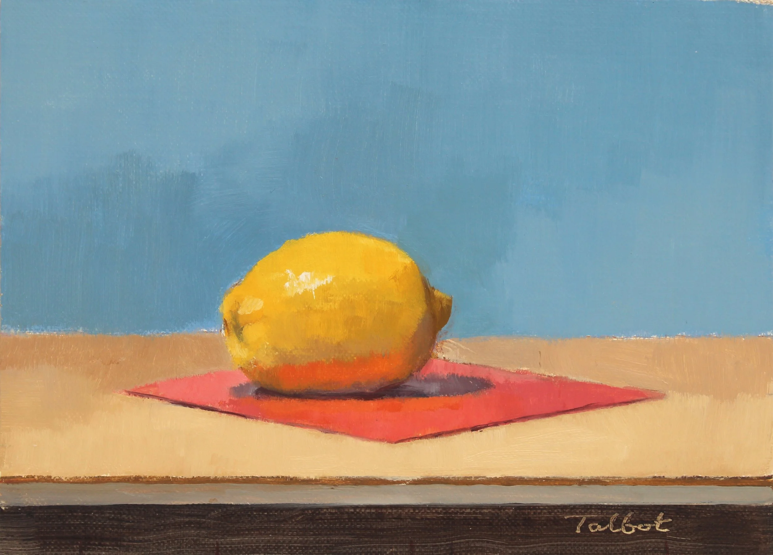 Lemon on red, oil on linen mounted on board, 13 x 18 cm