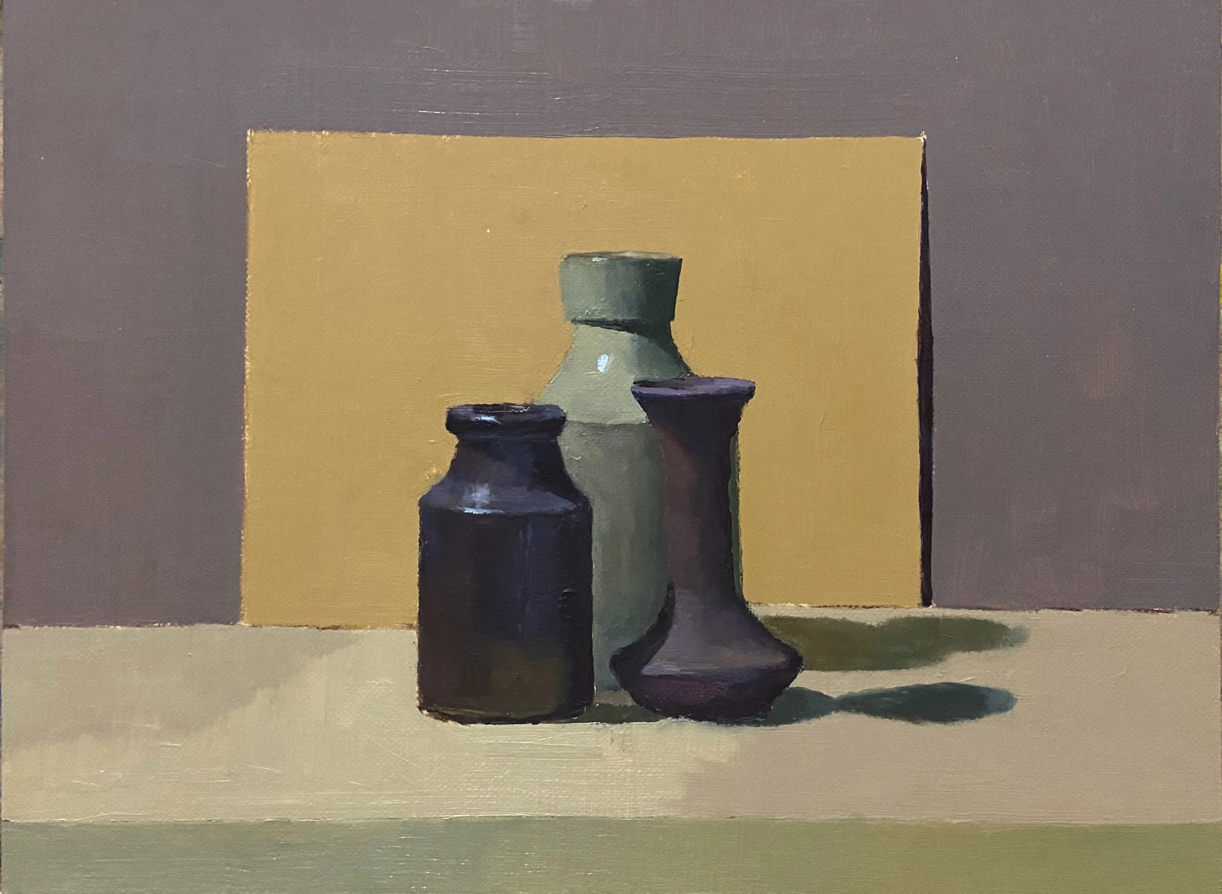 Trio on ochre, oil on linen mounted on board, 18 x 24 cm