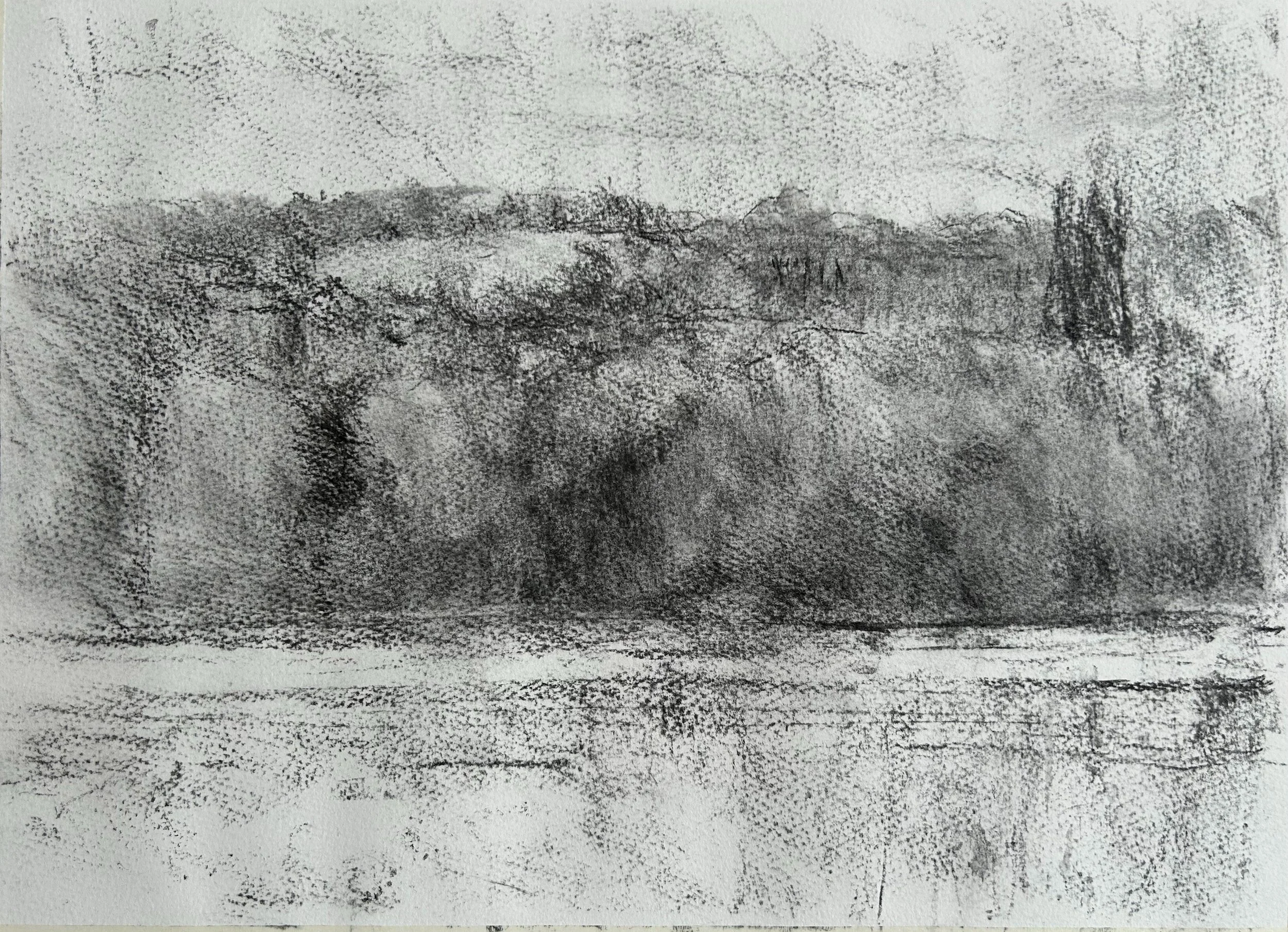 Blythe Hill Fields from Hilly Fields, charcoal on paper, 2024.