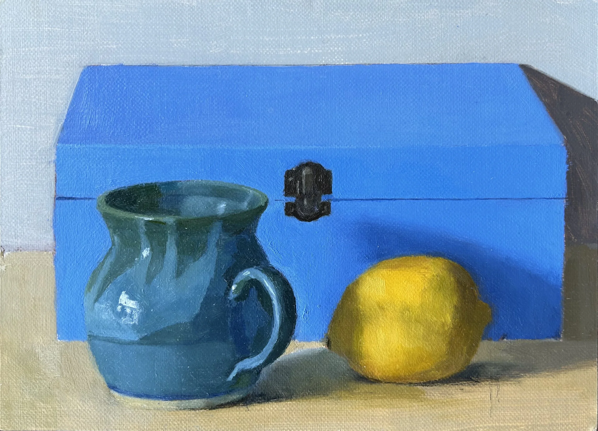 Green jug and lemon, 13 x 18 cm, oil on linen mounted on board