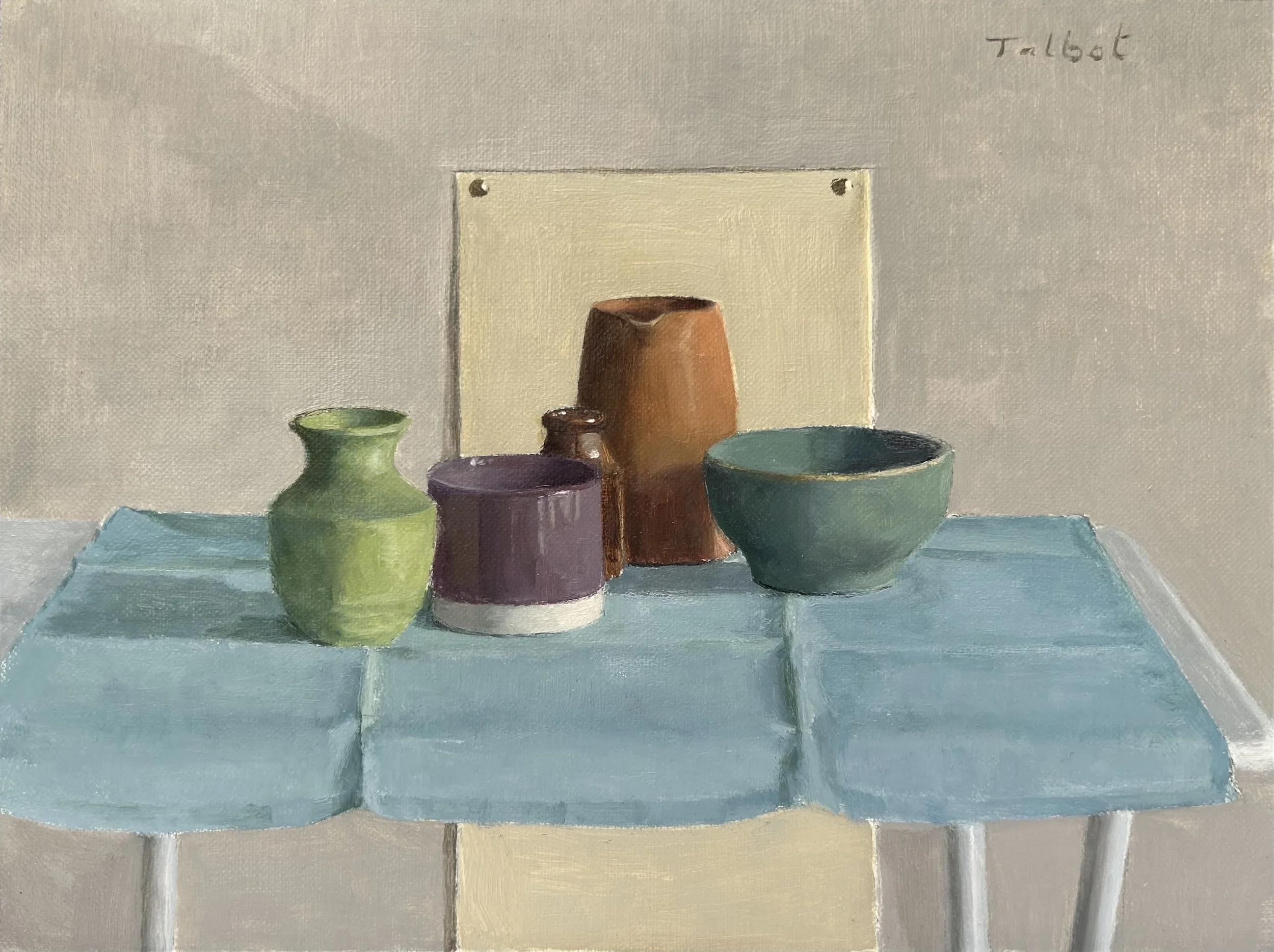 On a blue cloth,  oil on linen mounted on board,  18 x 24 cm, 2025, sold.