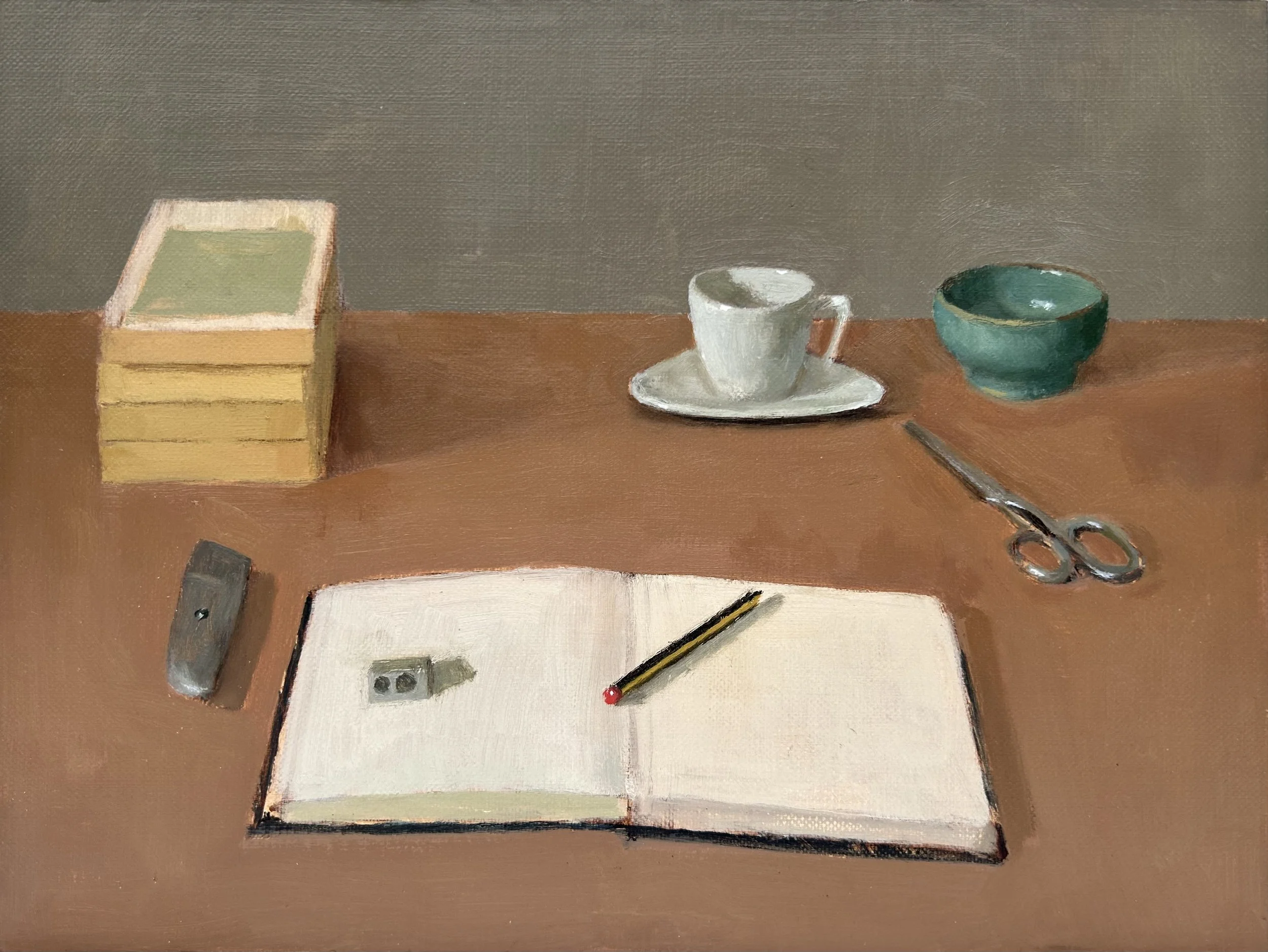 Notebook II, oil on linen mounted on board, 18 x 24 cm, 2024, sold.