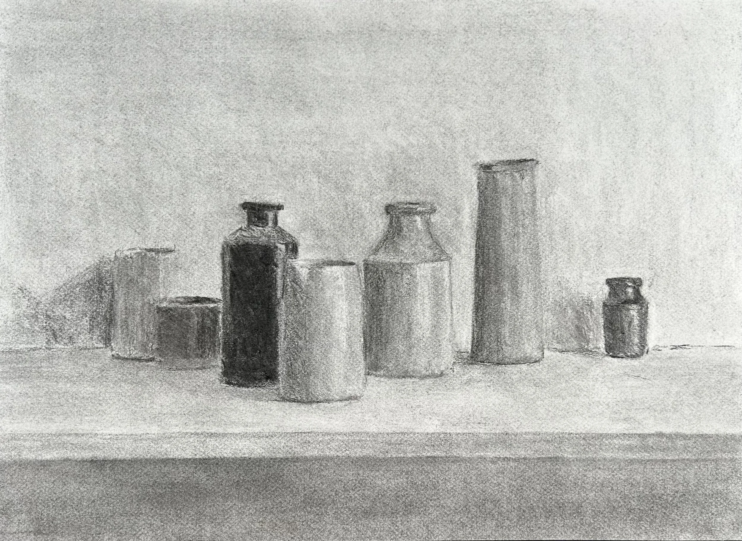 Cylindrical objects, charcoal on paper, 2025.