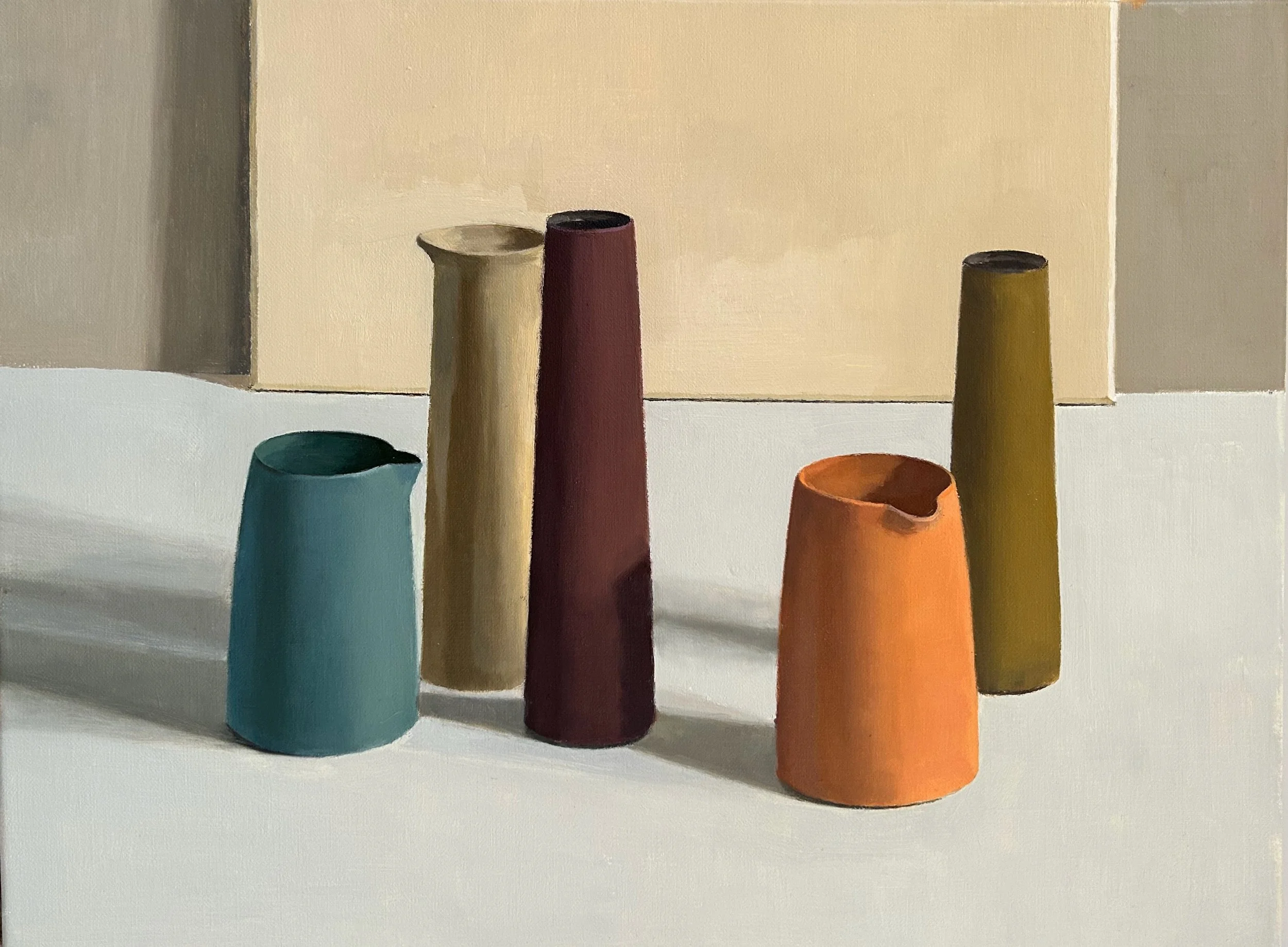 Stem vases and pourers, oil on linen, 31.5 x 41 cm, 2023, sold.