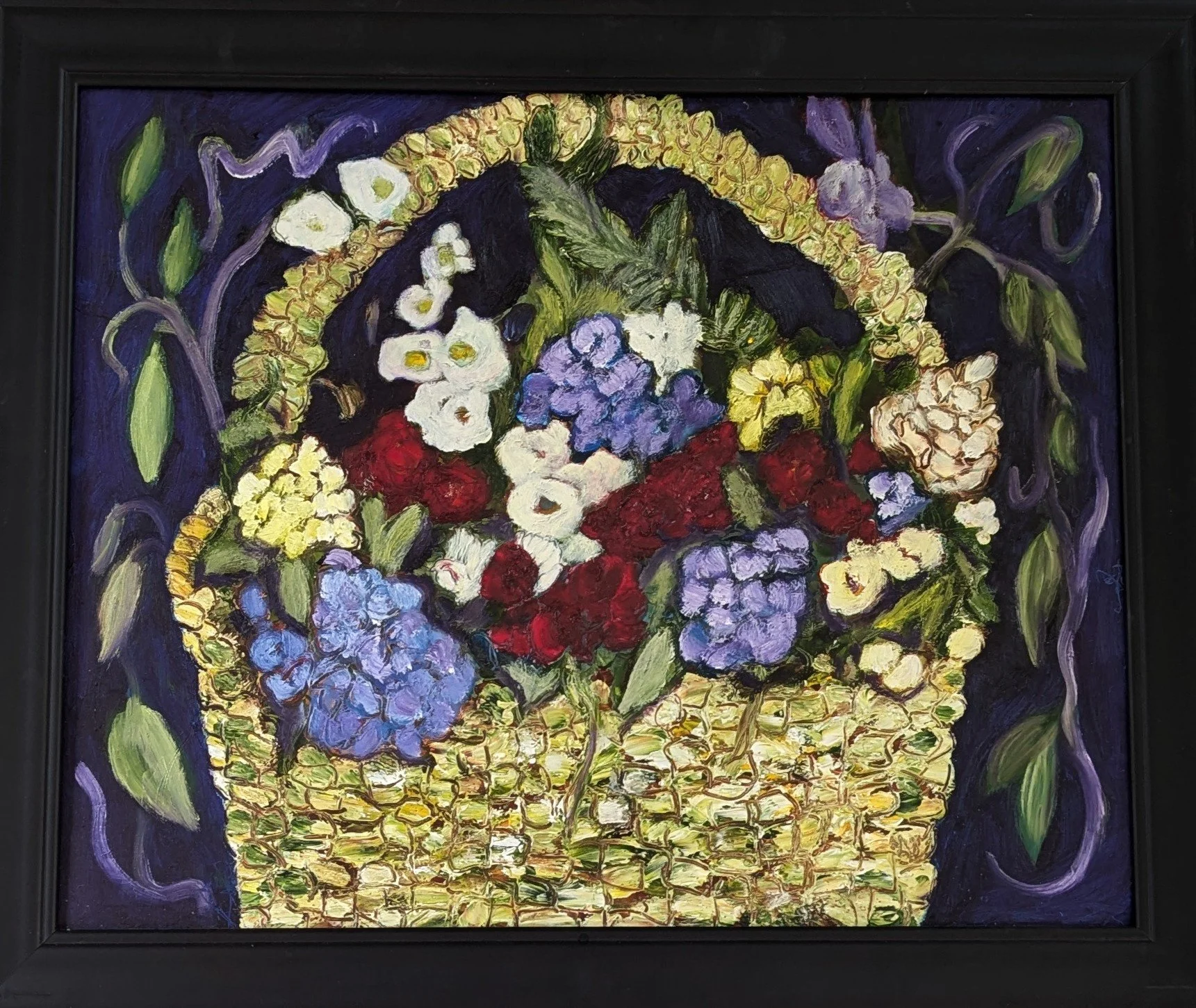 Basket of Blossoms
18" x 24"
oil on board, painted wood frame
$295