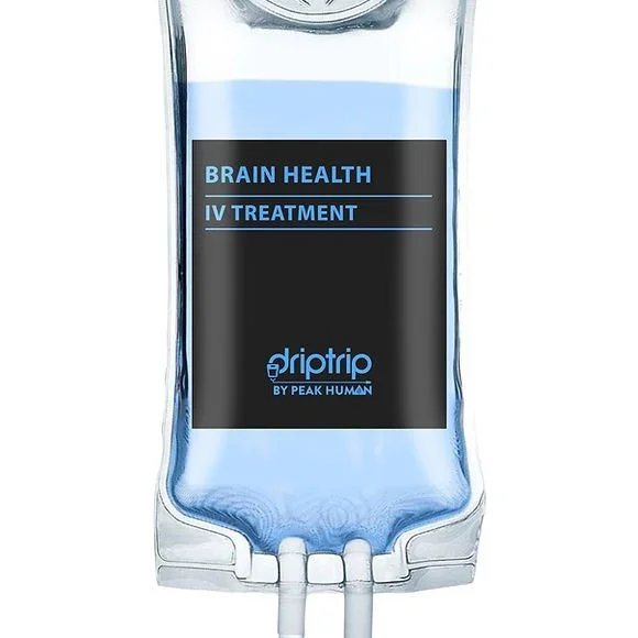 A medical IV drip bag labeled 'Brain Health IV Treatment' by Peak Human, filled with blue liquid.