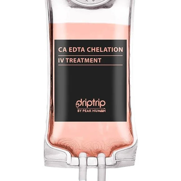 Medical IV drip bag labeled 'Calcium Edta Chelation IV Treatment' by Peak Human.