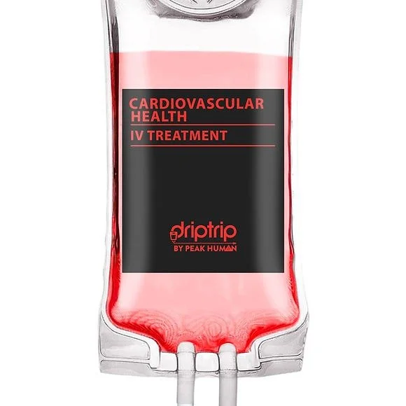 A blood bag labeled 'Cardiovascular Health IV Treatment' by DripTrip, filled with red liquid.