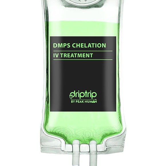 A medical IV fluid bag labeled 'DMPS Chelation IV Treatment' from Driptrip by Peak Human, filled with green liquid.