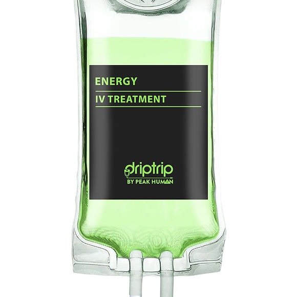 A green IV drip bag labeled "Energy IV Treatment" by Peak Human, used for energy infusion therapy.