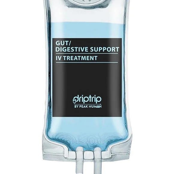 A drip IV therapy bag labeled 'Gut/Digestive Support IV Treatment' by Driptrip, designed for medical infusion therapy.
