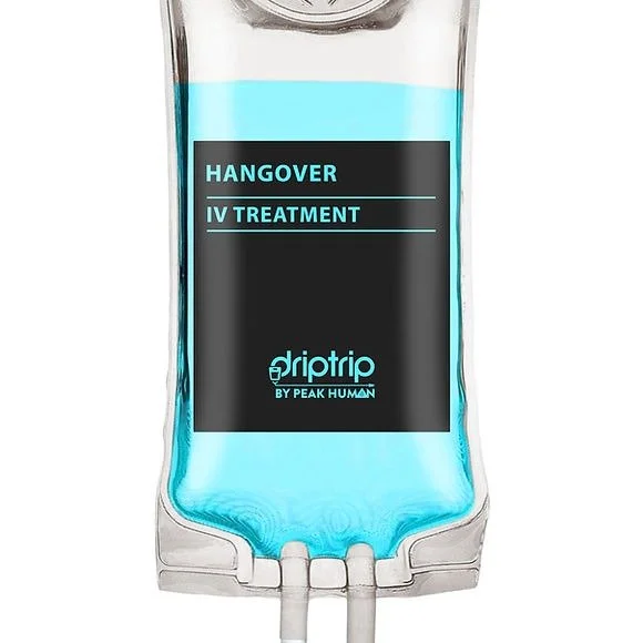 IV drip bag with blue liquid labeled 'Hangover IV Treatment' by Peak Human.