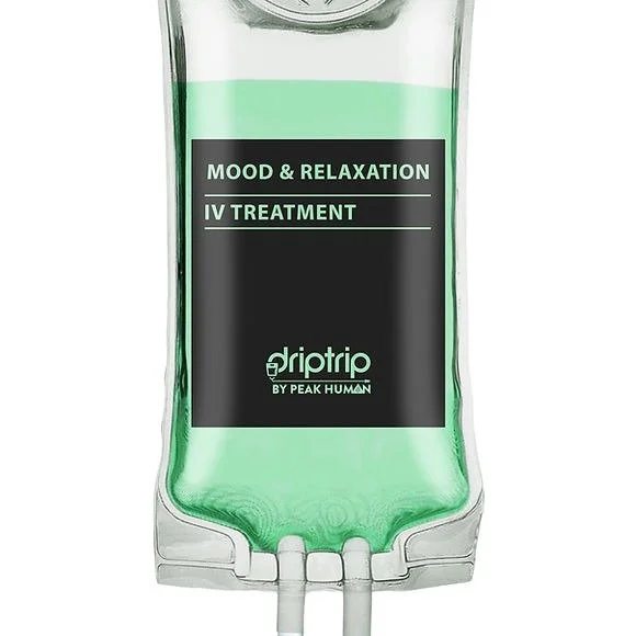 Medical IV drip bag labeled for mood and relaxation with green liquid inside.