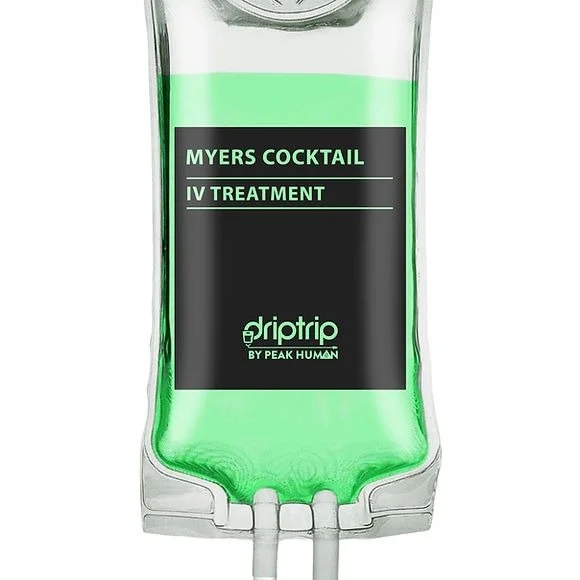 A green IV drip bag labeled 'Myers Cocktail IV Treatment' from Driptrip by Peak Human.