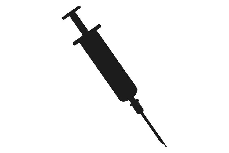 Silhouette of a syringe with a needle pointing downward.