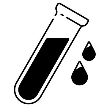 Illustration of a test tube with dark liquid and two drops of liquid beside it.