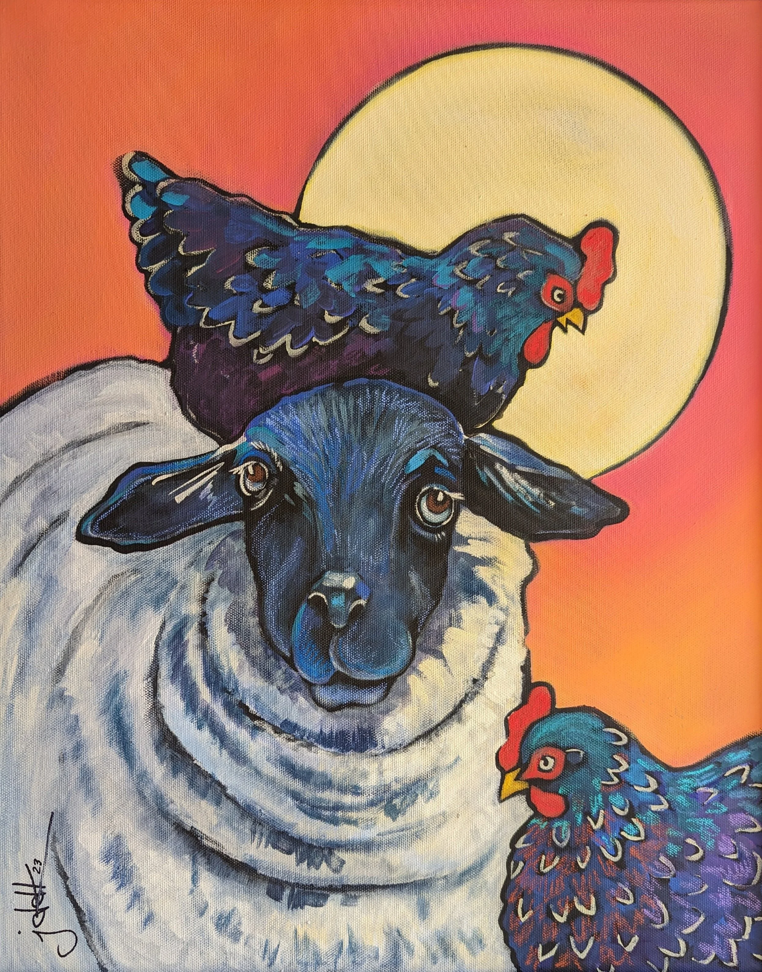 Hello, Ewe, 2023- 16 x 20 acrylic and oil pastel on canvas