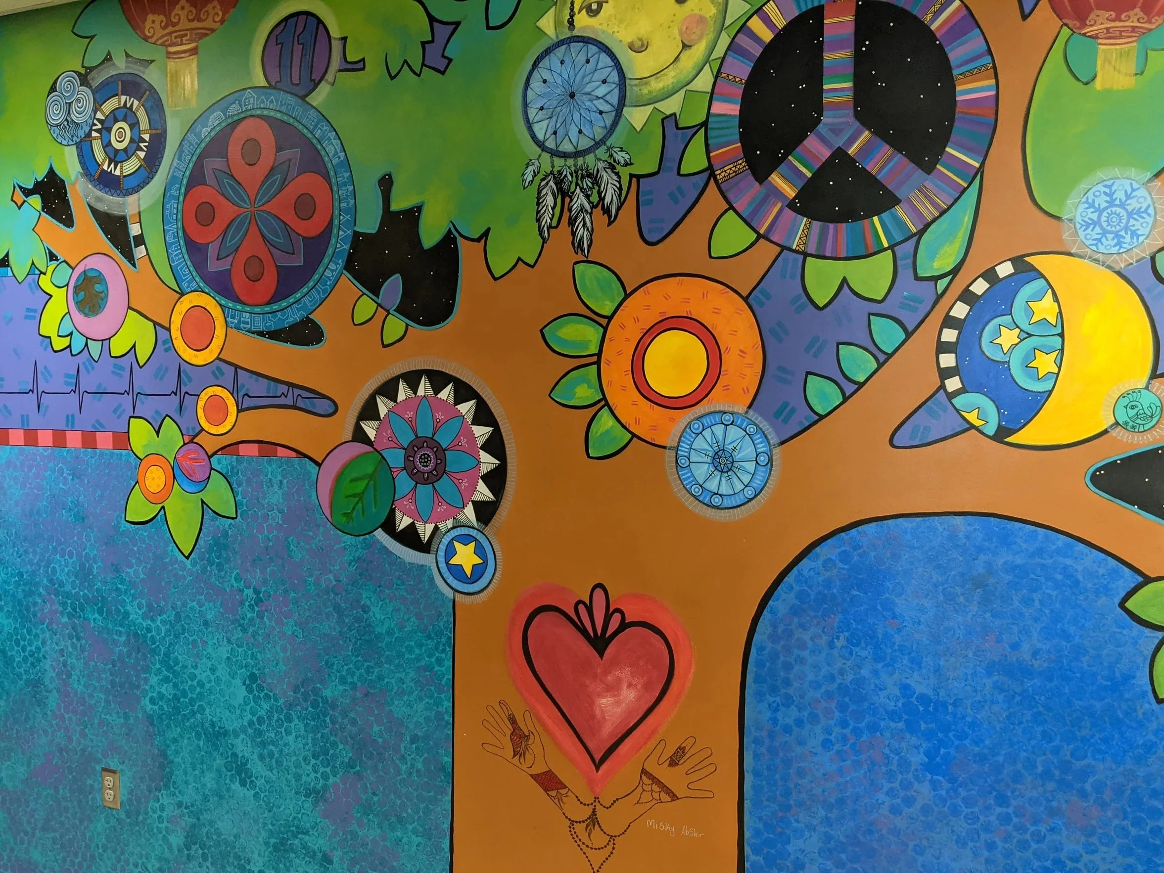 Close up of tree- We All Smile the Same Language entry mural for Madison Community School,2017 