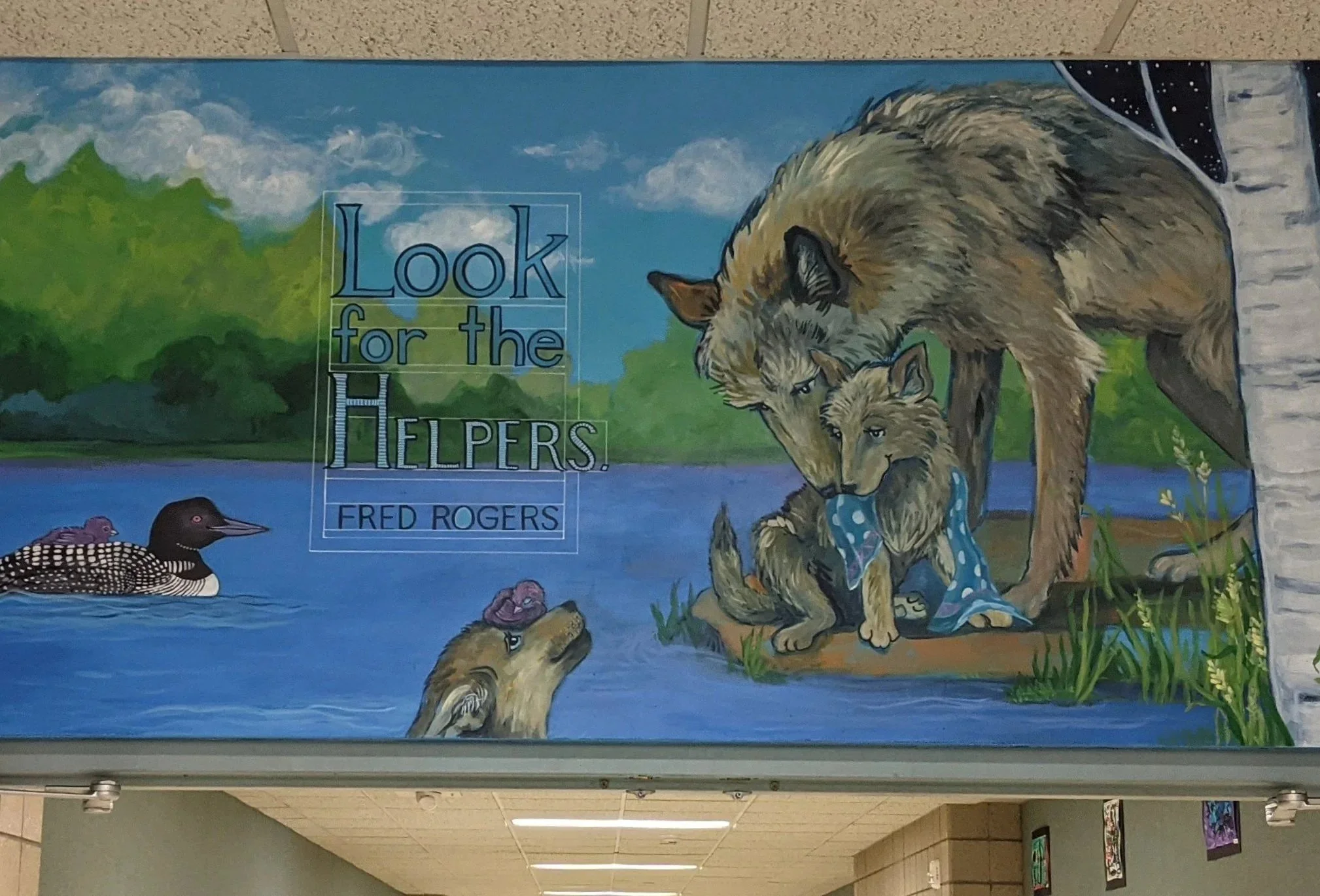 Look for the Helpers- close-up of mural hallway for Talahi Community School, 2021 