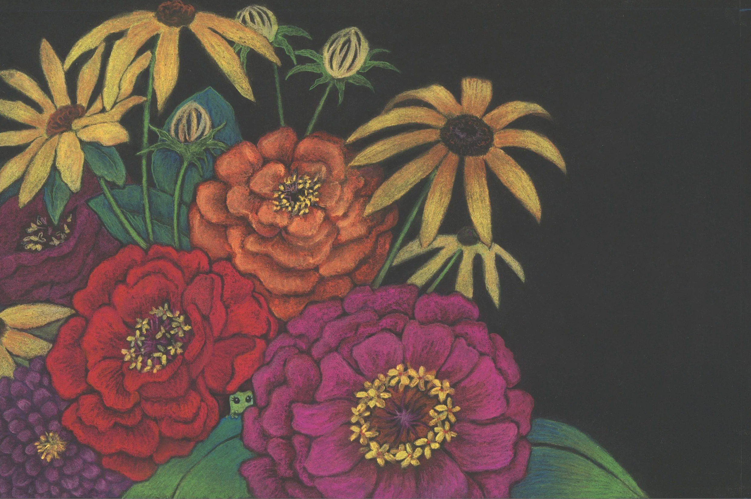 Tiny Tree Frog first page-illustration of pastels on black paper, 2024