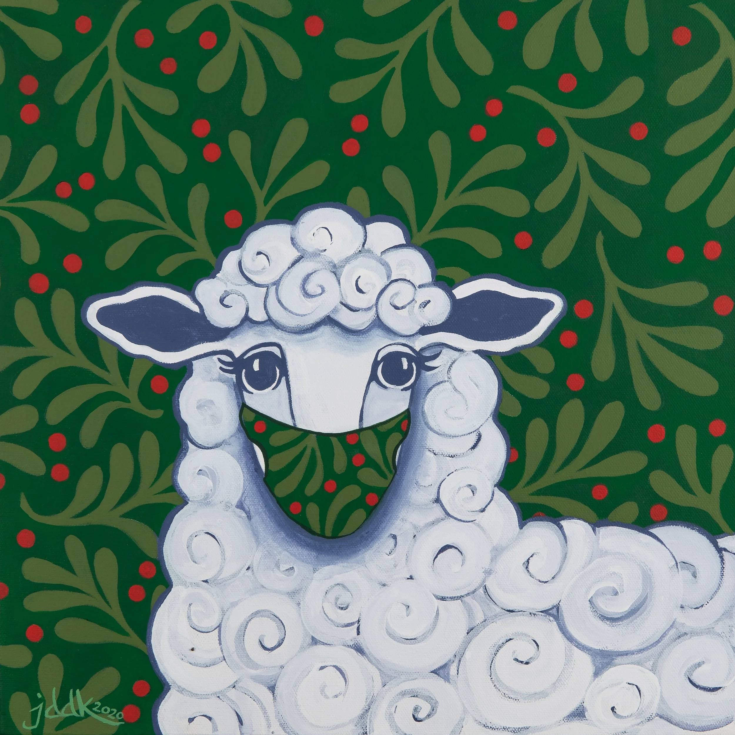 Winter Sheep with Holly Mask, 2020- 16 x 16 acrylic on canvas. Private Collection 