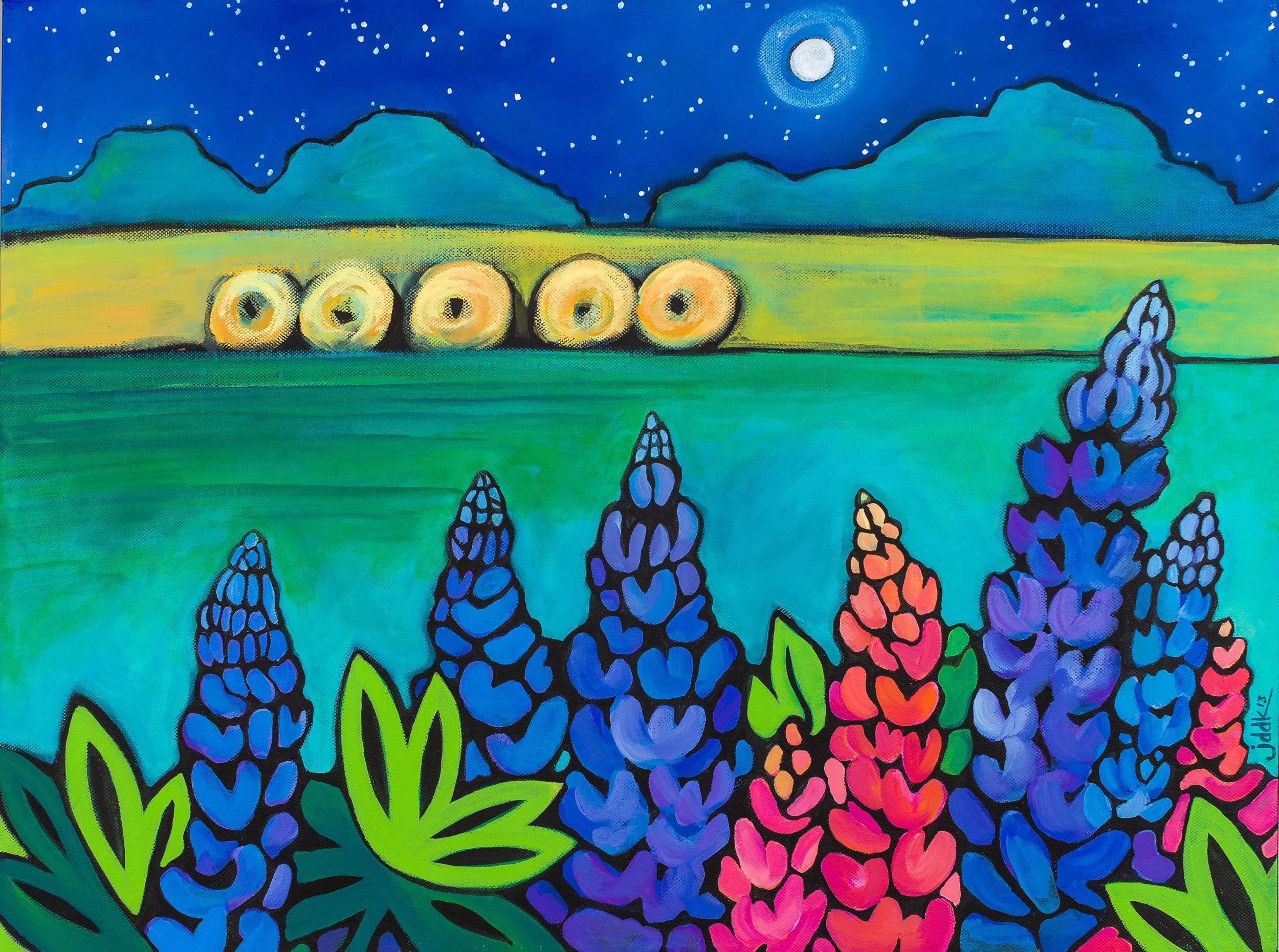 Haybales and Lupines,2013- 16 x 20 acrylic on canvas. Lauer Collection 